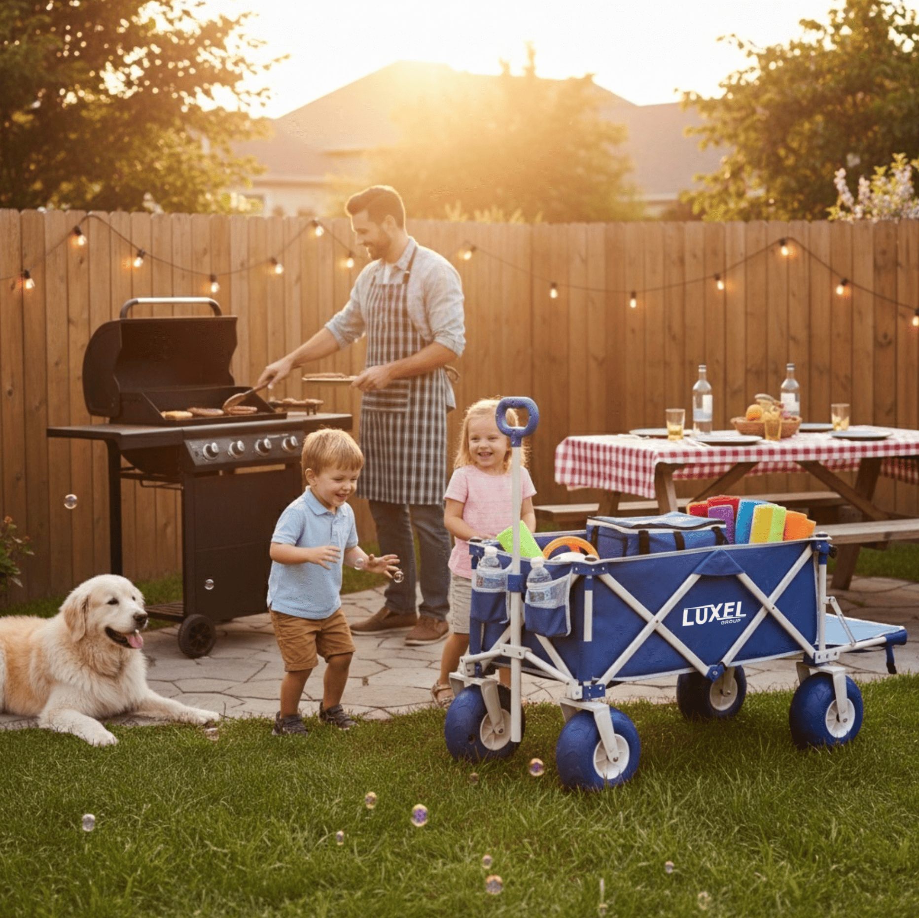 Family with children and a dog in a backyard setting with a grill and picnic table.