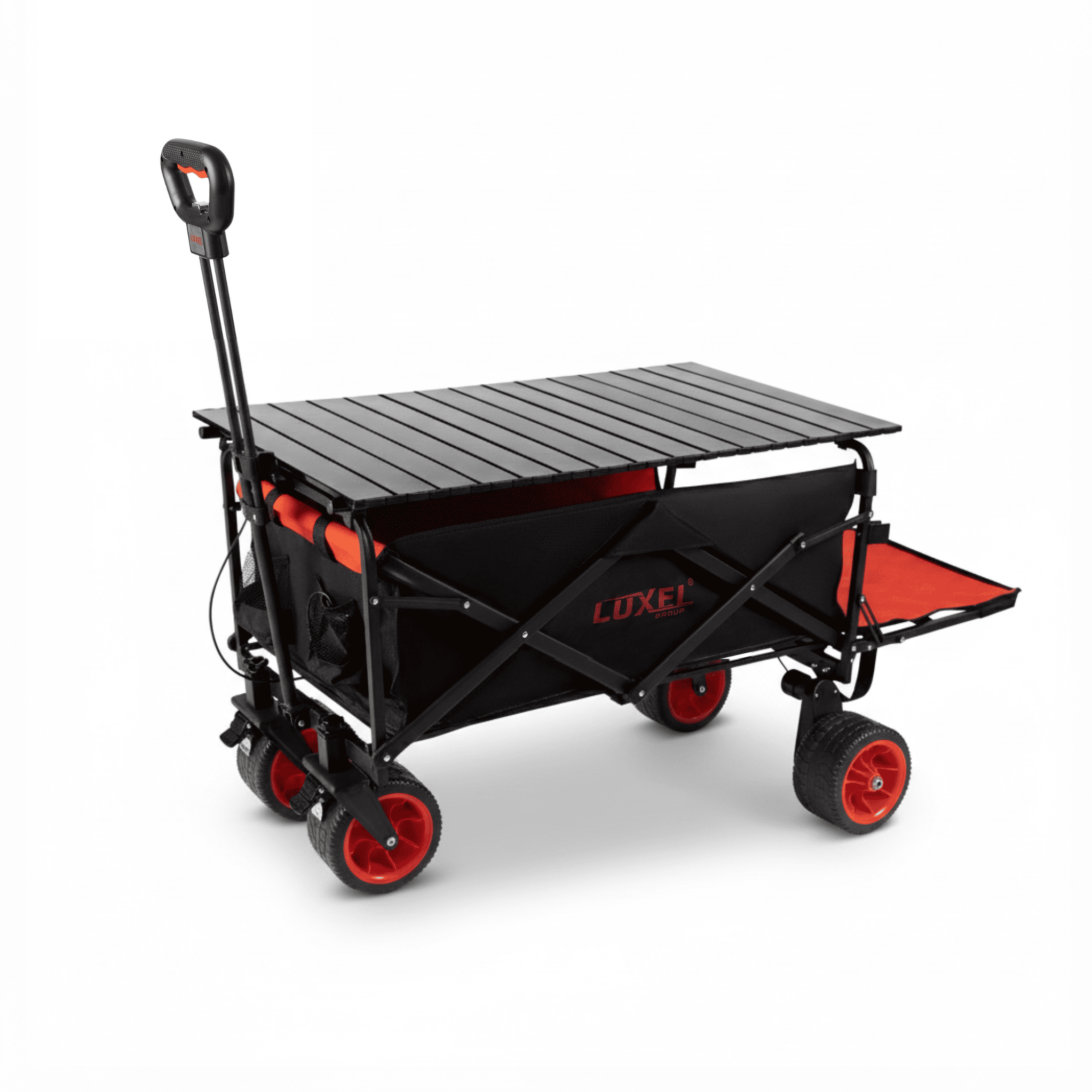Black and red folding wagon with 'Luxe' branding on a white background