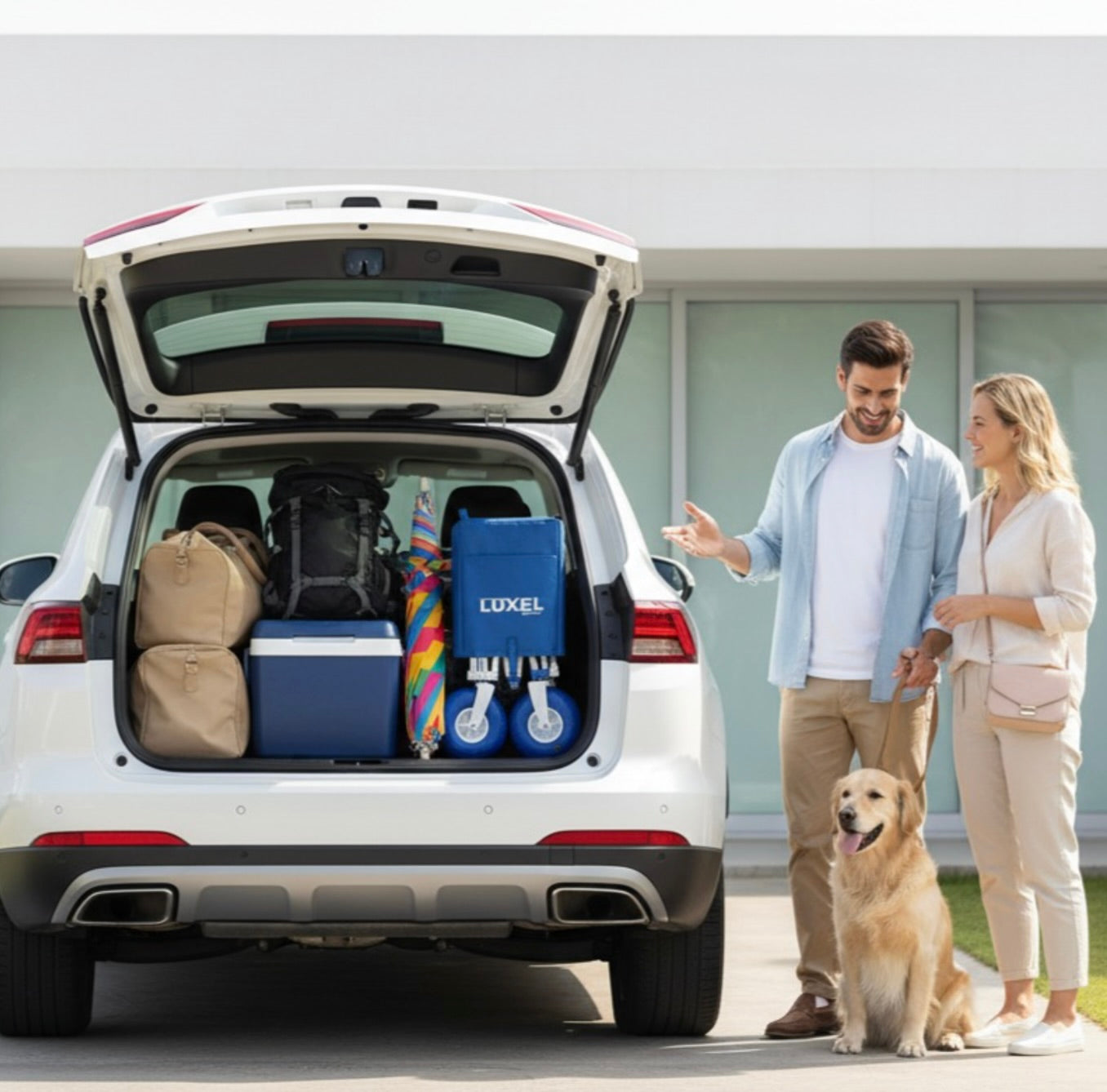 Man and woman with a dog standing next to an open car trunk filled with luggage and a cooler.