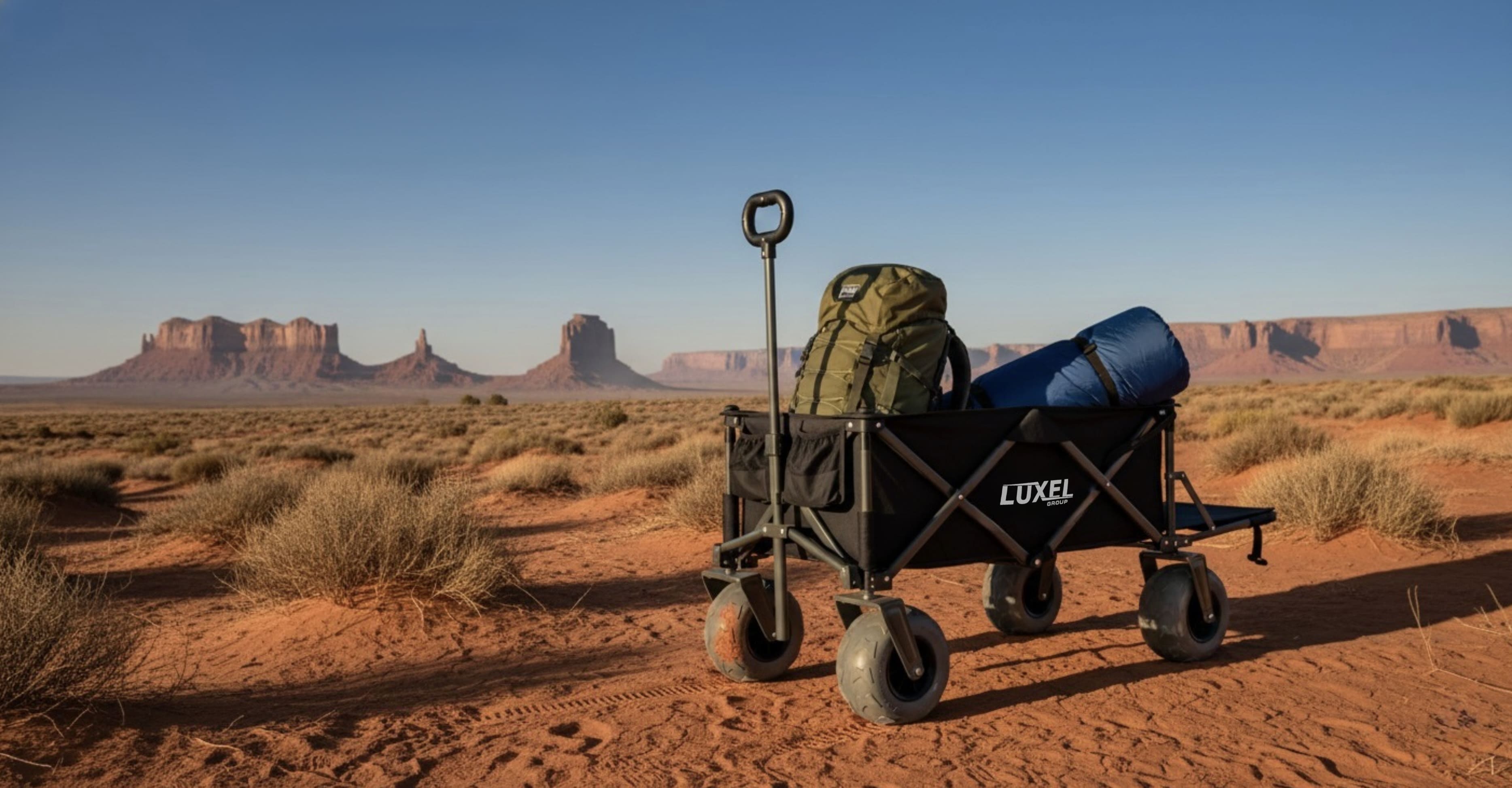 Wagon with camping gear in a desert landscape