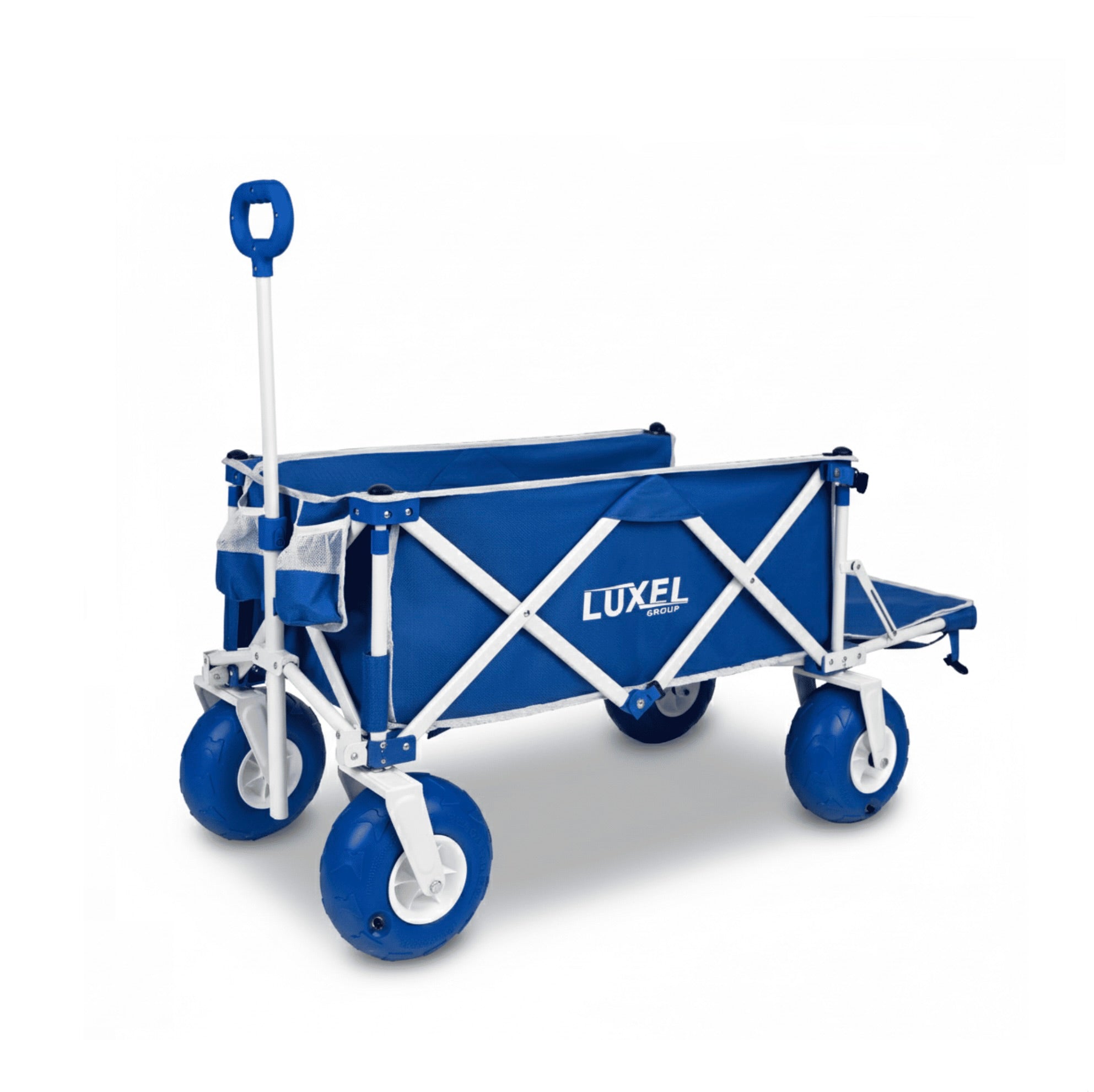 Blue folding wagon with white accents on a white background, featuring the Luxel brand.