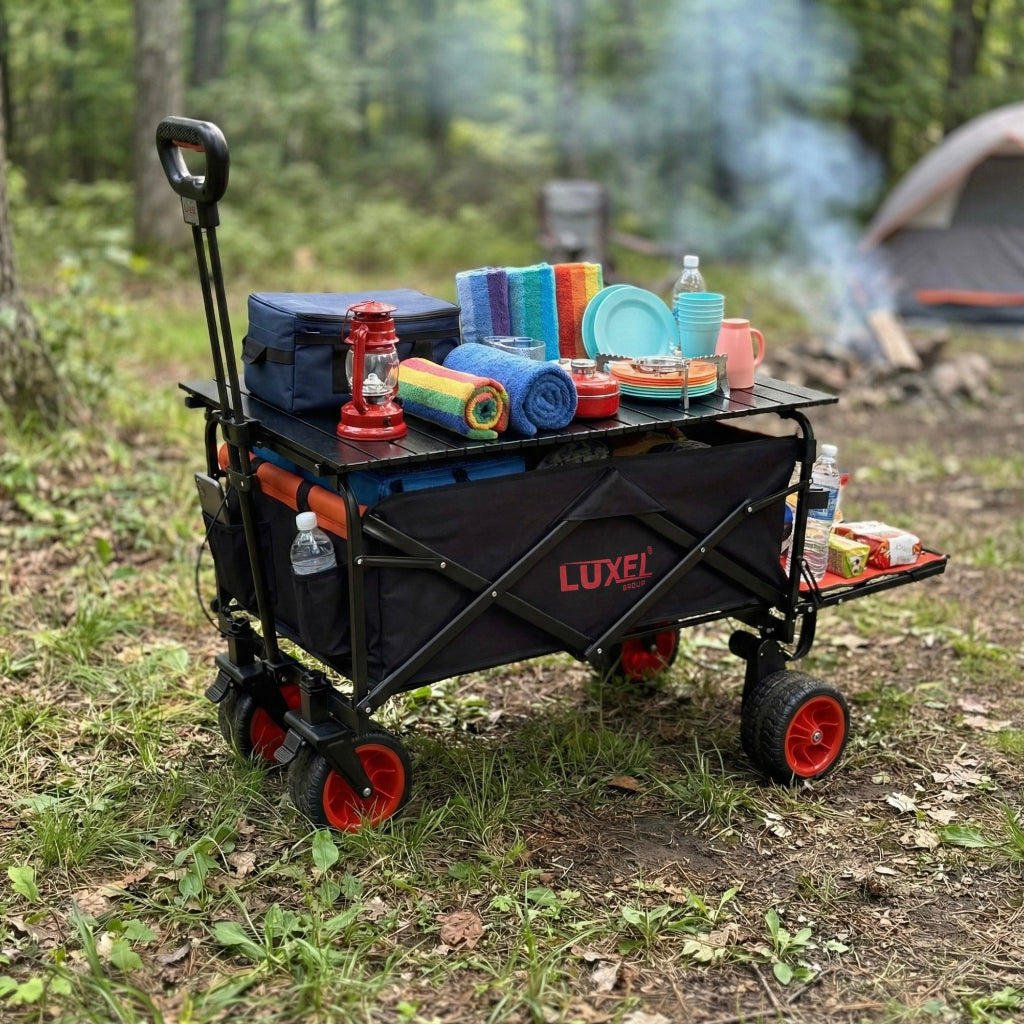 Luxel camping wagon with supplies in a forest setting