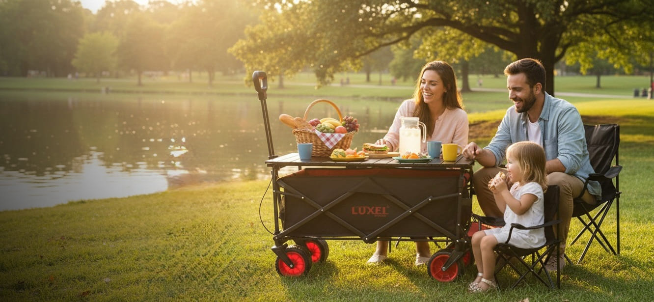 Family enjoying a picnic by a lake with a wooden wagon.