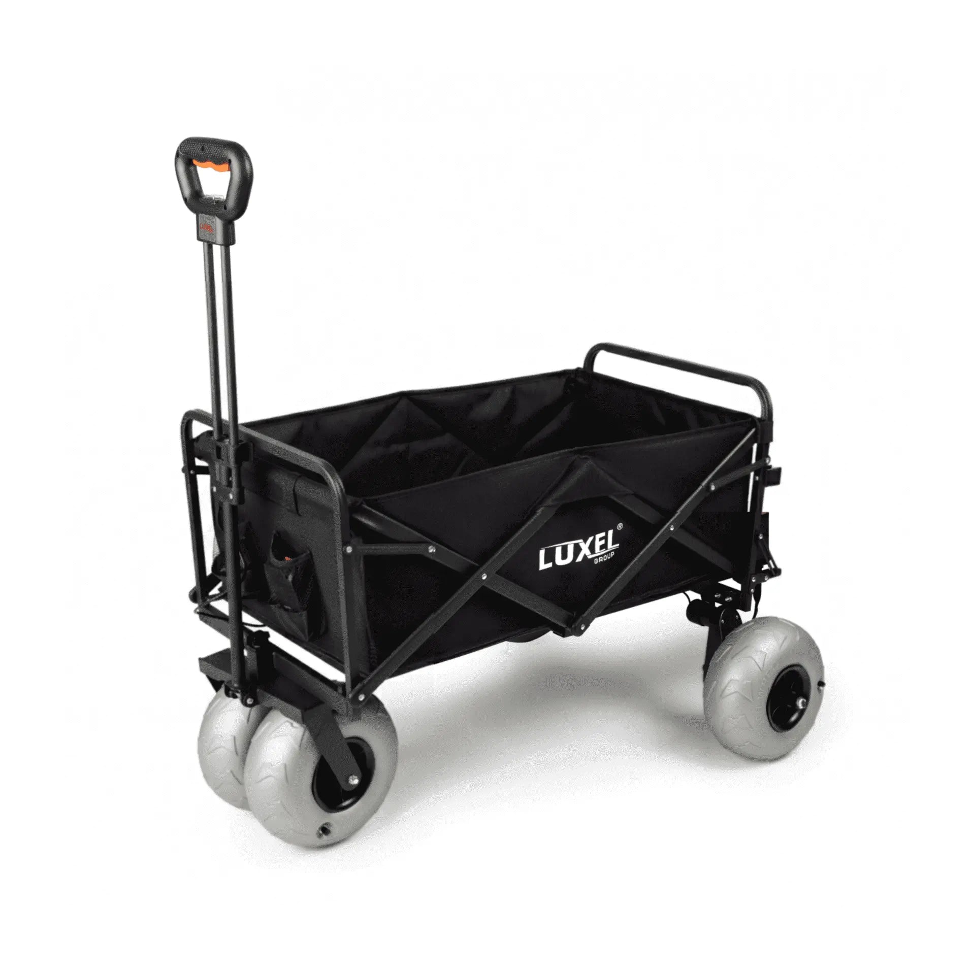 Black folding wagon with wheels on a white background, featuring the Luxel brand.