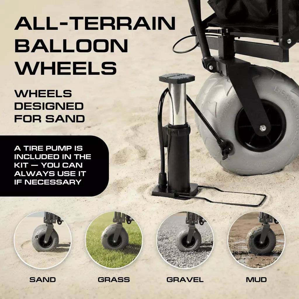 All-terrain balloon wheels for a vehicle with a tire pump on a sandy background.