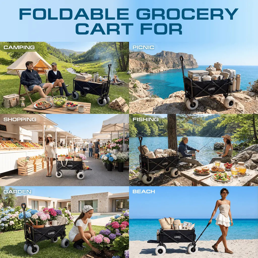 Collage of a foldable grocery cart used for various activities including camping, picnic, shopping, fishing, garden, and beach.