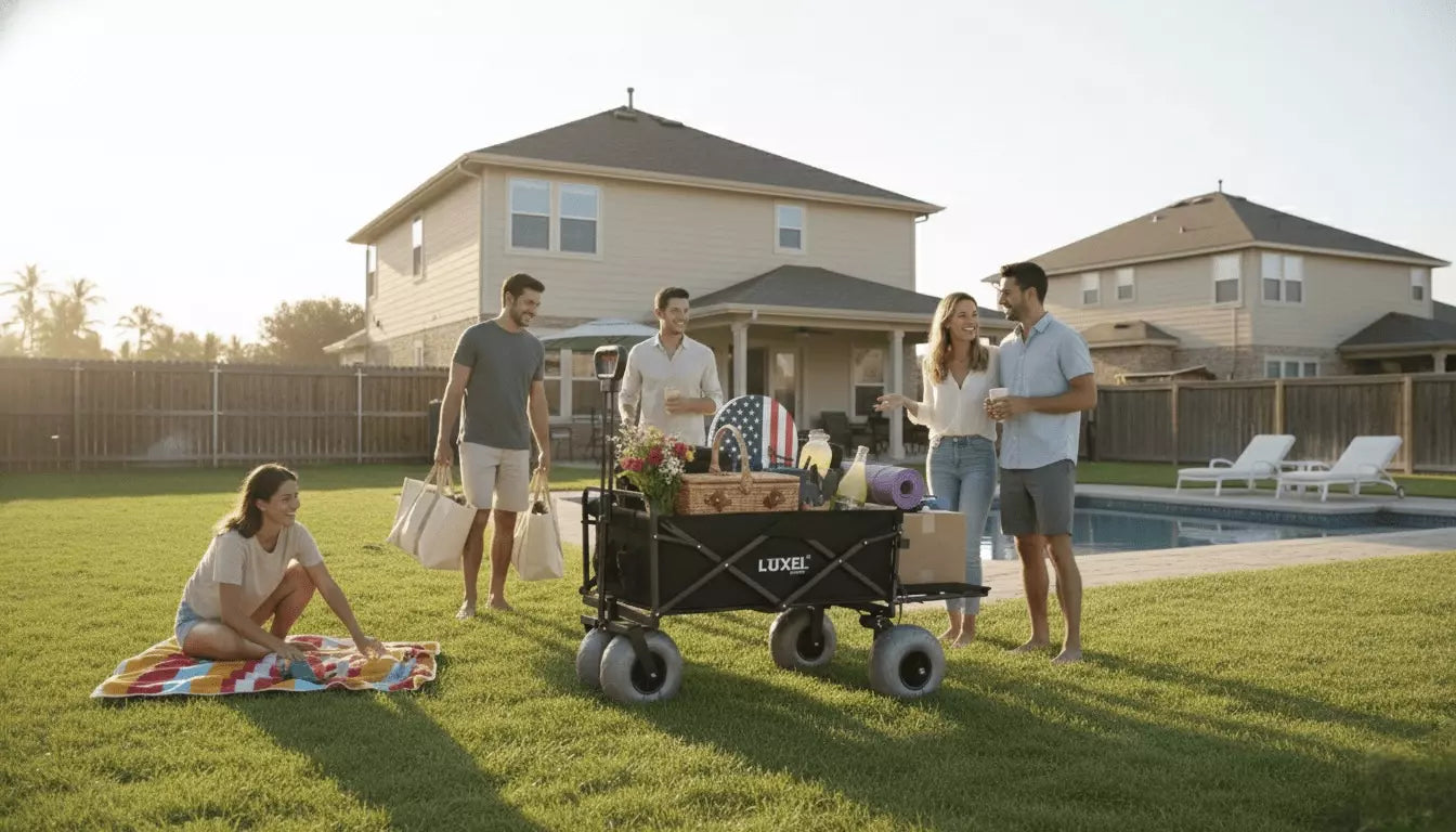Group of people with a picnic setup on a grassy lawn near a pool.