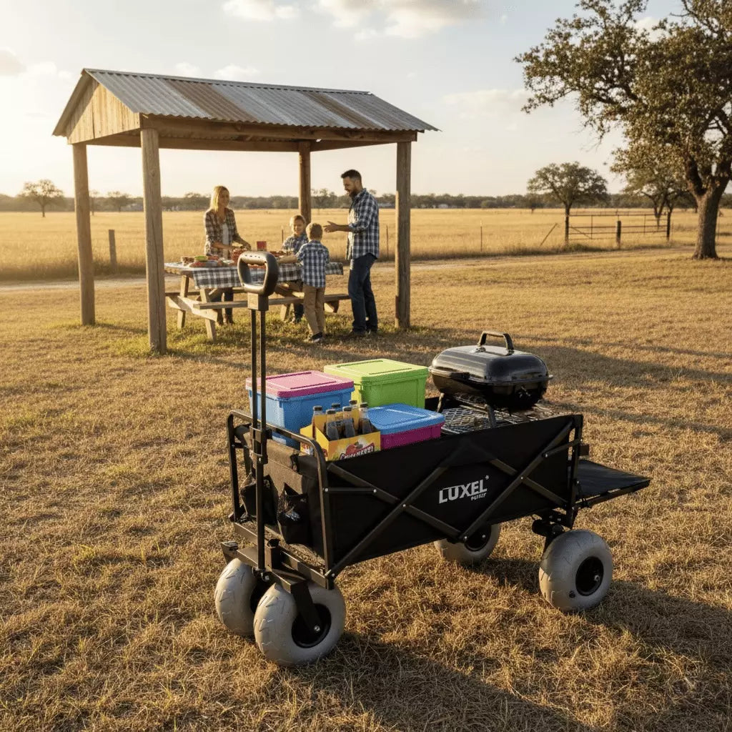Black folding cart with coolers and a grill in a field with people in the background