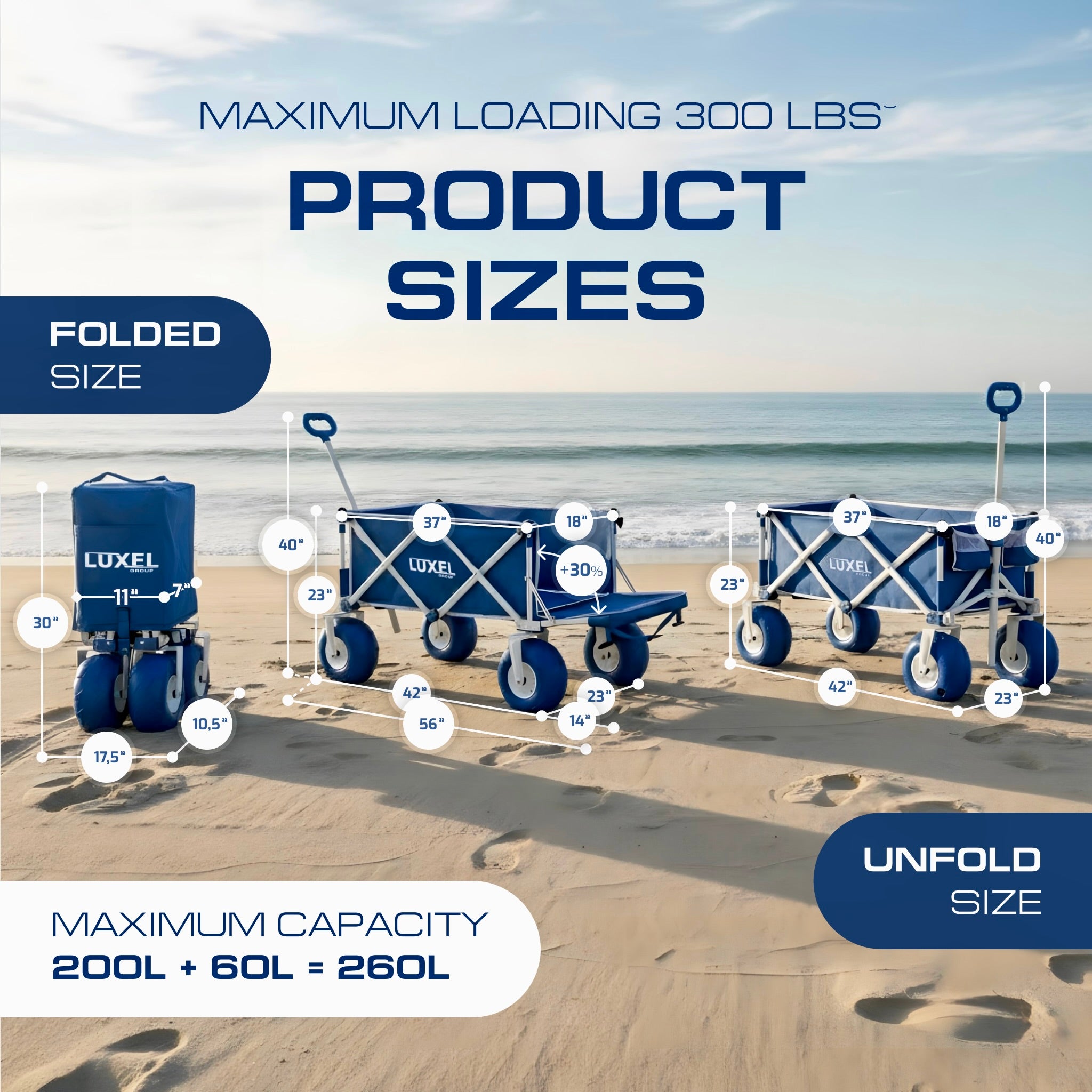 Product size comparison of a blue folding cart on a beach with measurements displayed.