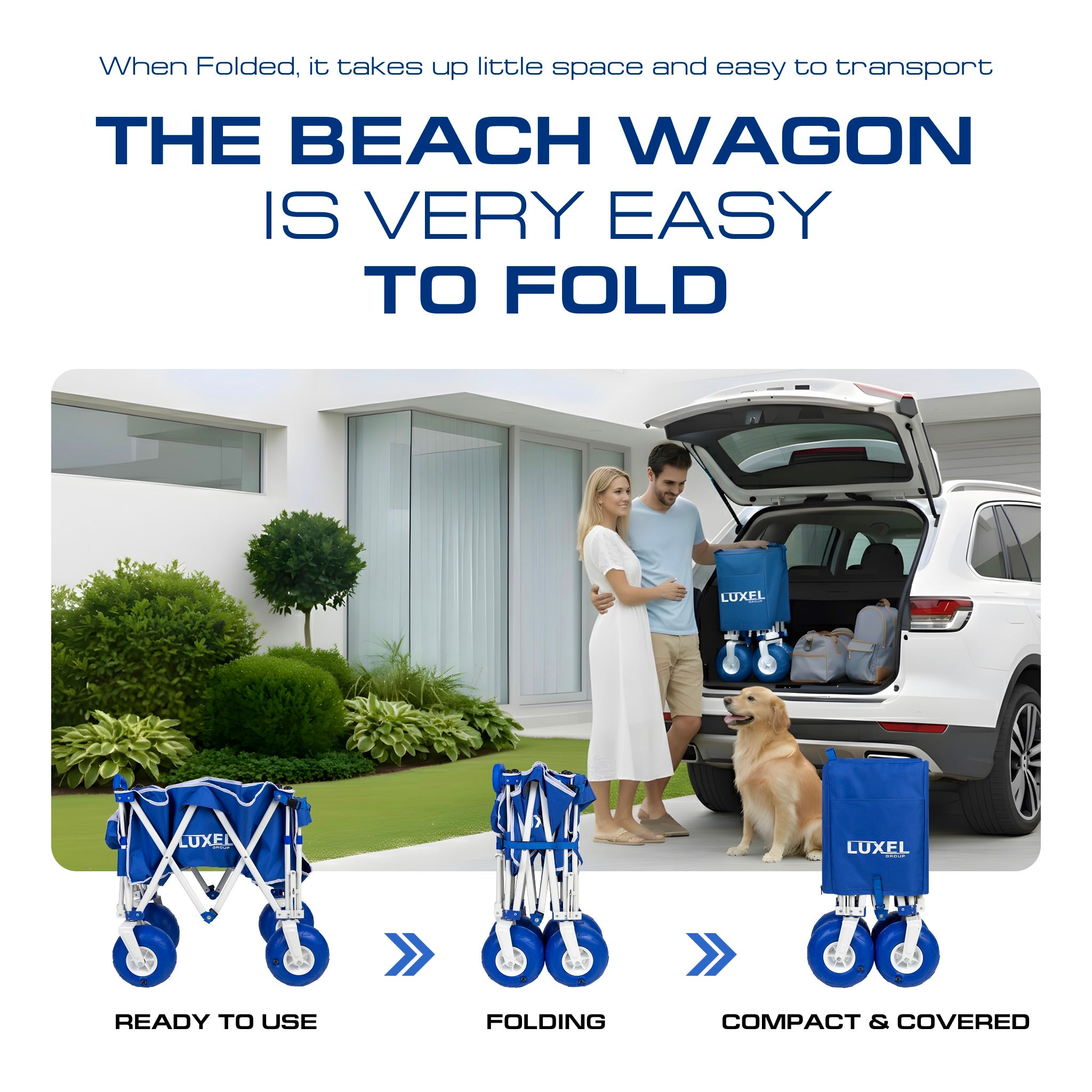 Luxel beach wagon being folded and transported in a car with text highlighting its ease of use.