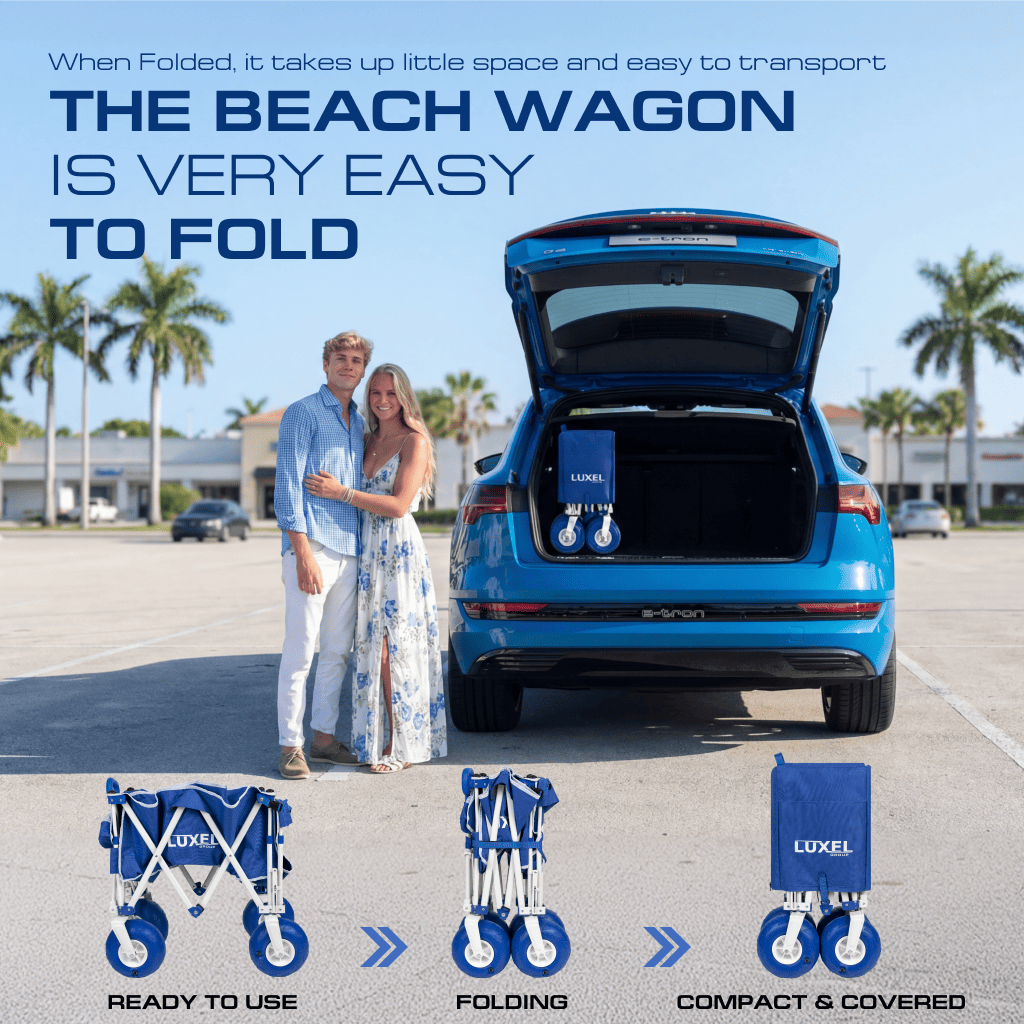 Blue beach wagon with a couple standing next to it, palm trees in the background