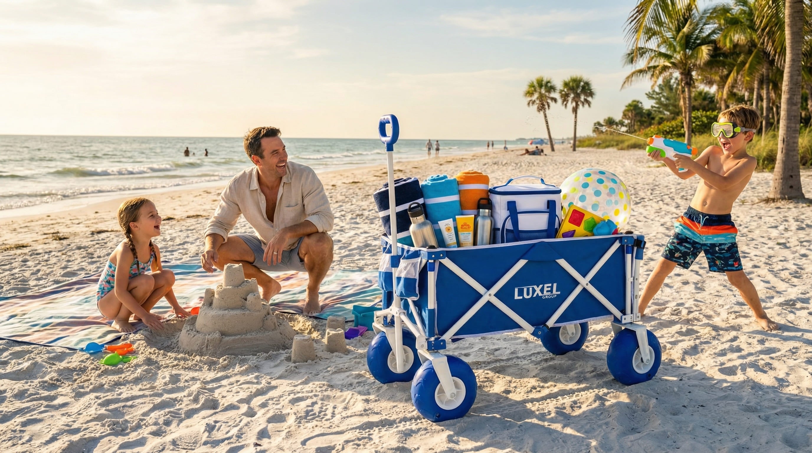 Family on a beach with a Luxel beach cart filled with toys