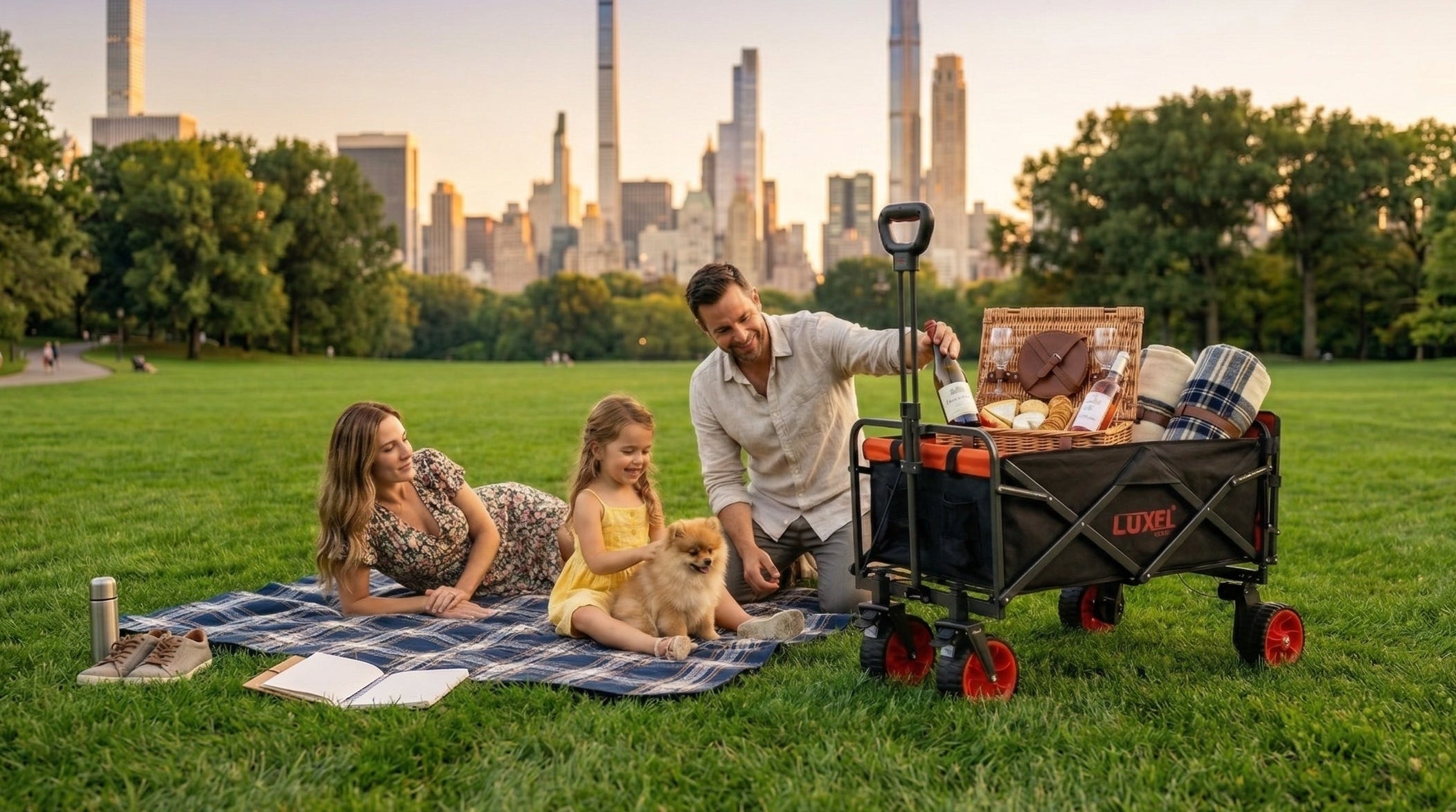 Family with a dog having a picnic in a park with a city skyline in the background