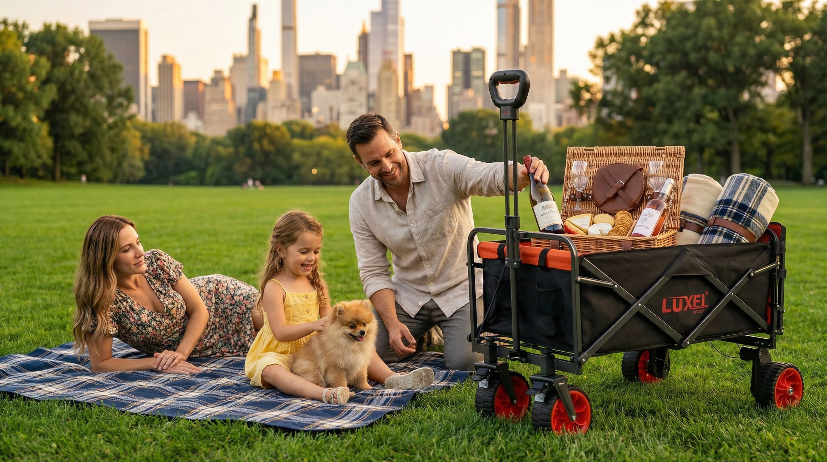 Family with a dog enjoying a picnic in a park with a LUXE wagon.