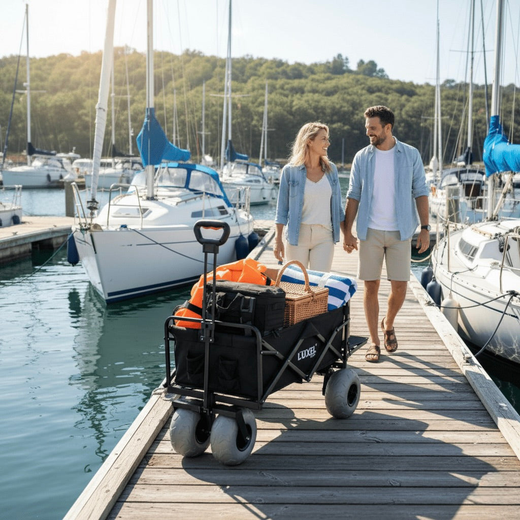 Man and woman walking with a cart on a dock near boats