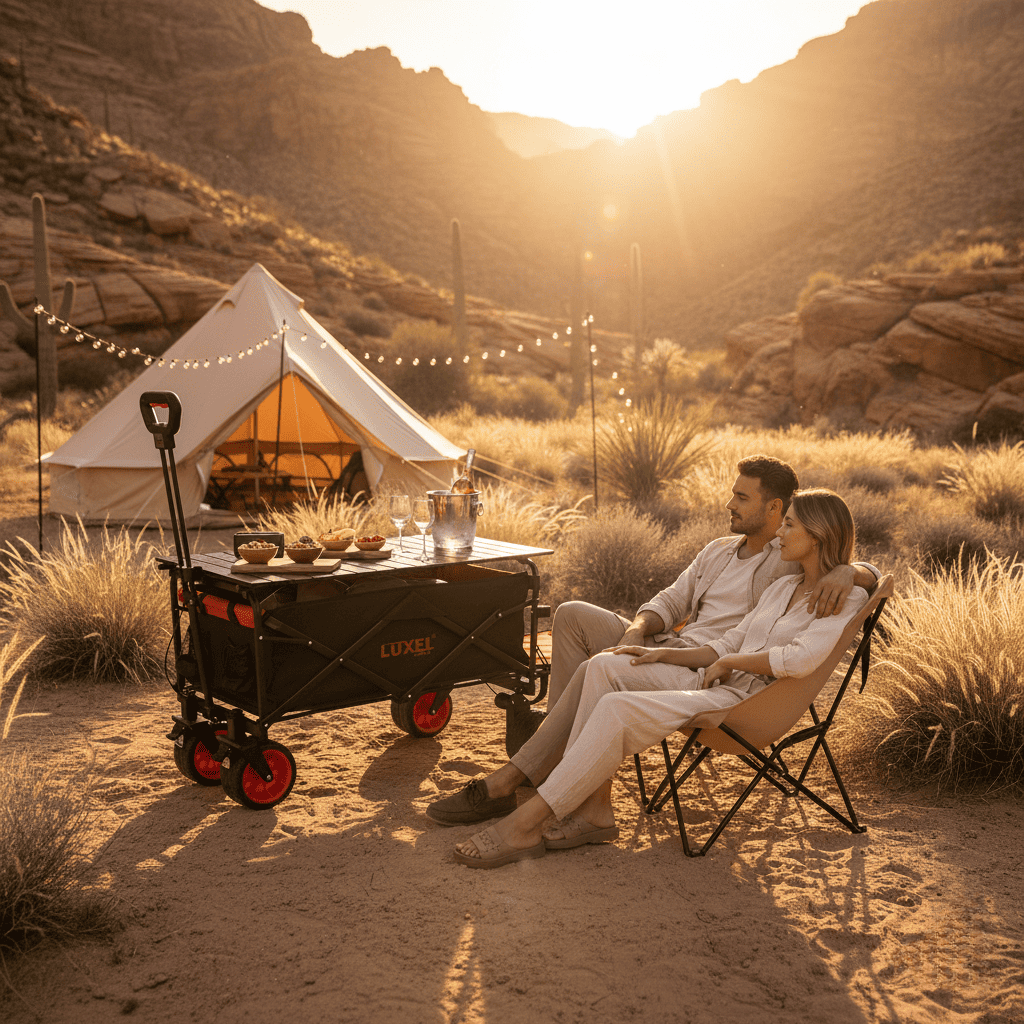 Couple sitting in a desert landscape with a tent and camping cart.