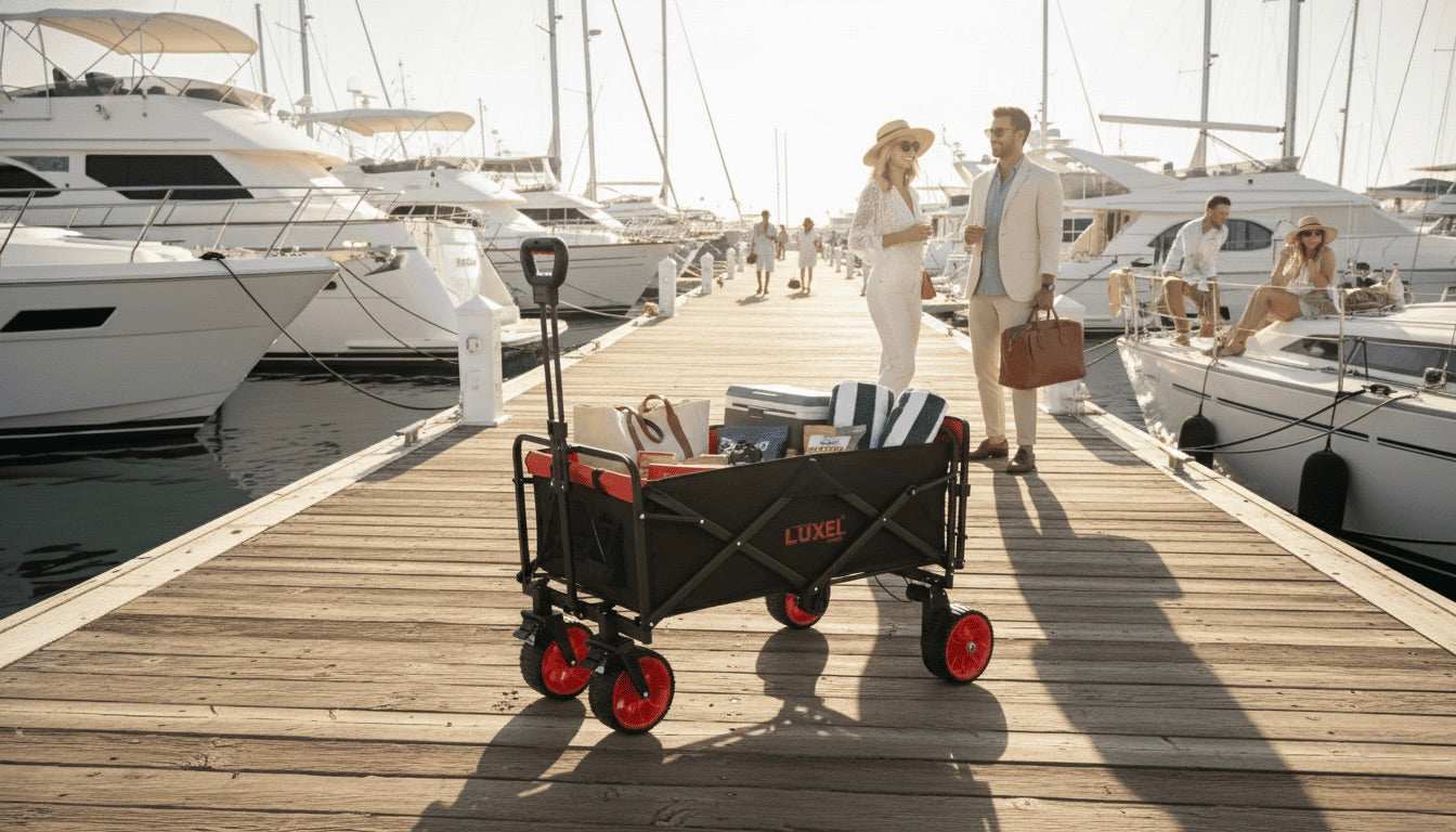 Person pushing a cart with books on a dock near yachts