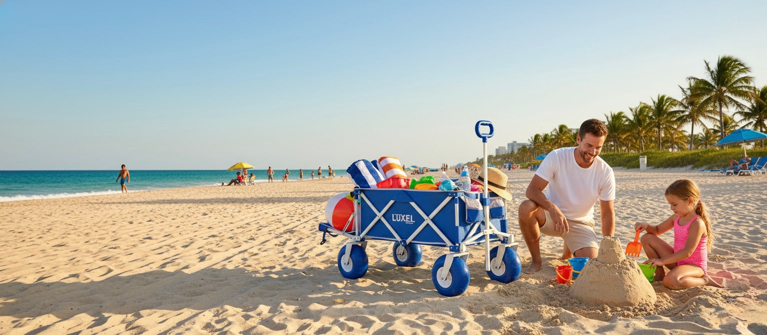 Luxel Group electric folding wagon with an attached black slatted tabletop for outdoor use.