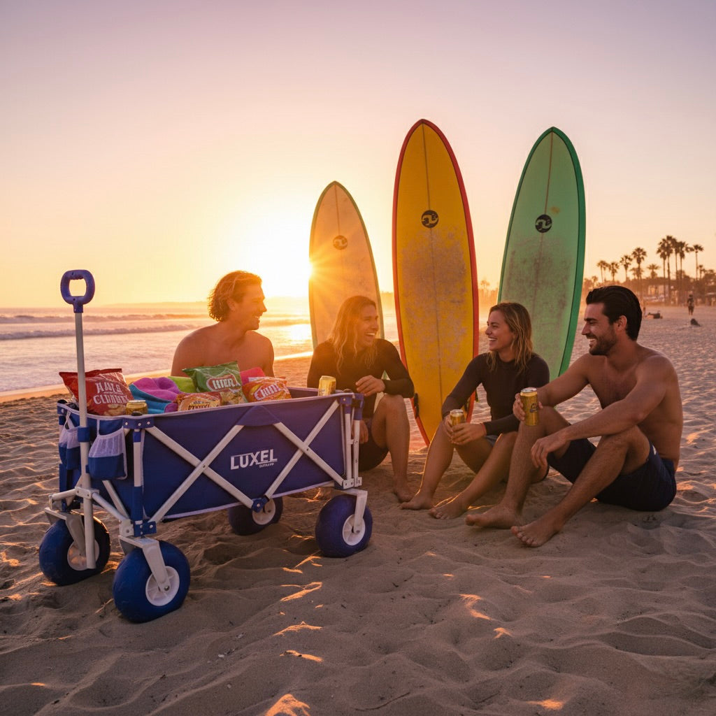 Group of people sitting on a beach with surfboards and a Luxel wagon.