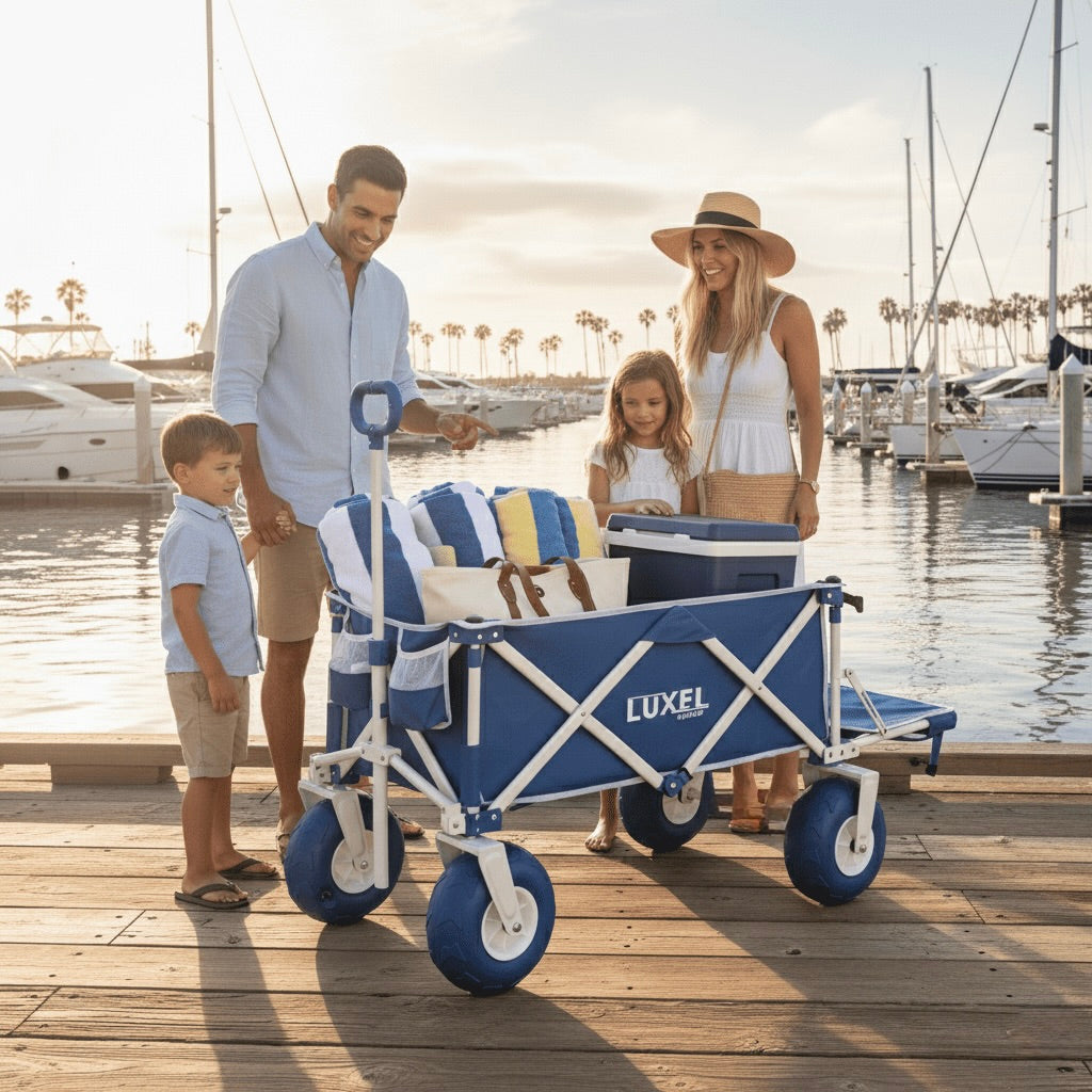 Family with a blue and white wagon on a dock by a marina