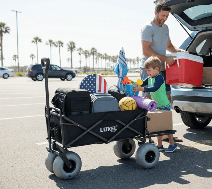 Man and child with a Luxel wagon in a parking lot