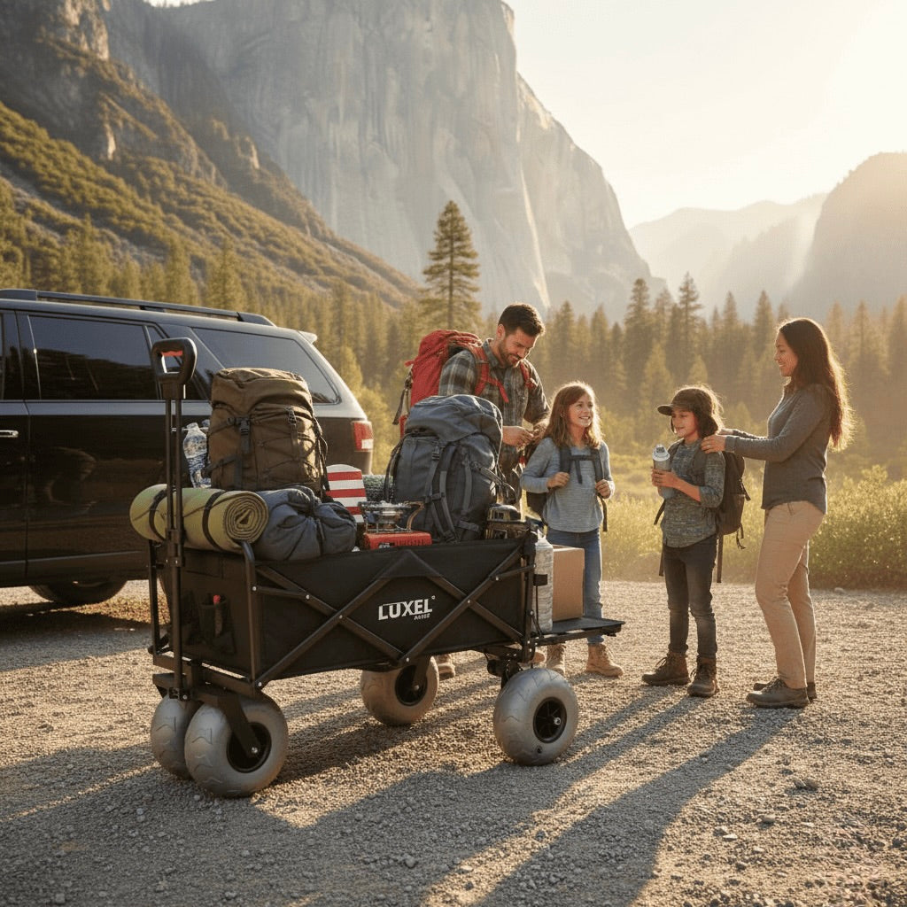 Family with a camping wagon in a mountainous area