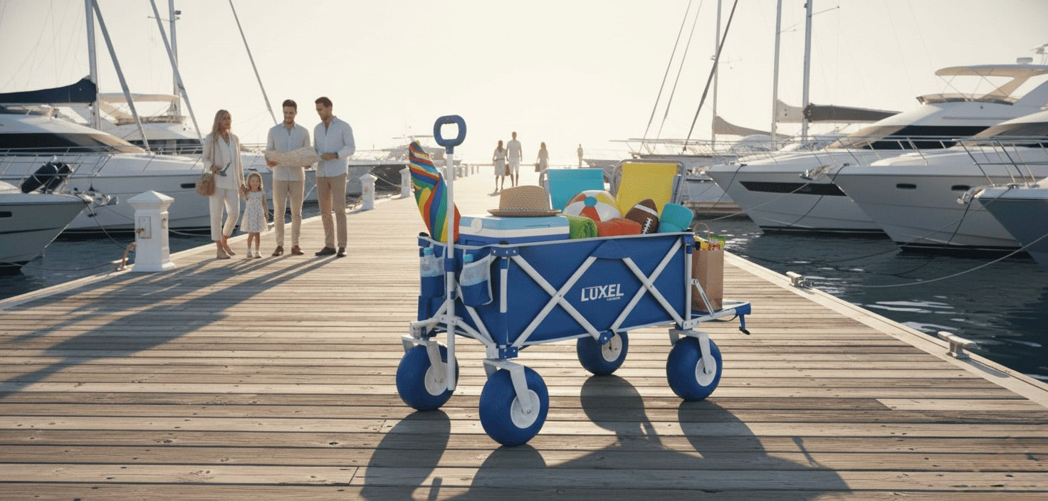 Blue and white LUXEL folding cart with colorful items on a dock with yachts in the background