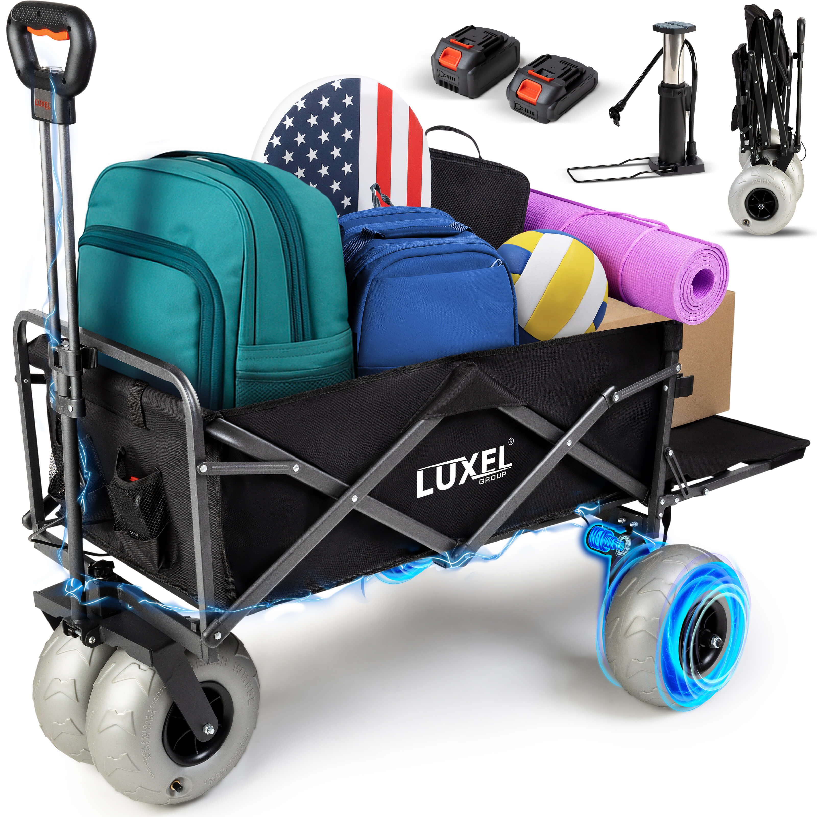 Luxel Group electric beach wagon loaded with bags, sports gear, and beach accessories, shown with batteries, pump, and folded storage view.