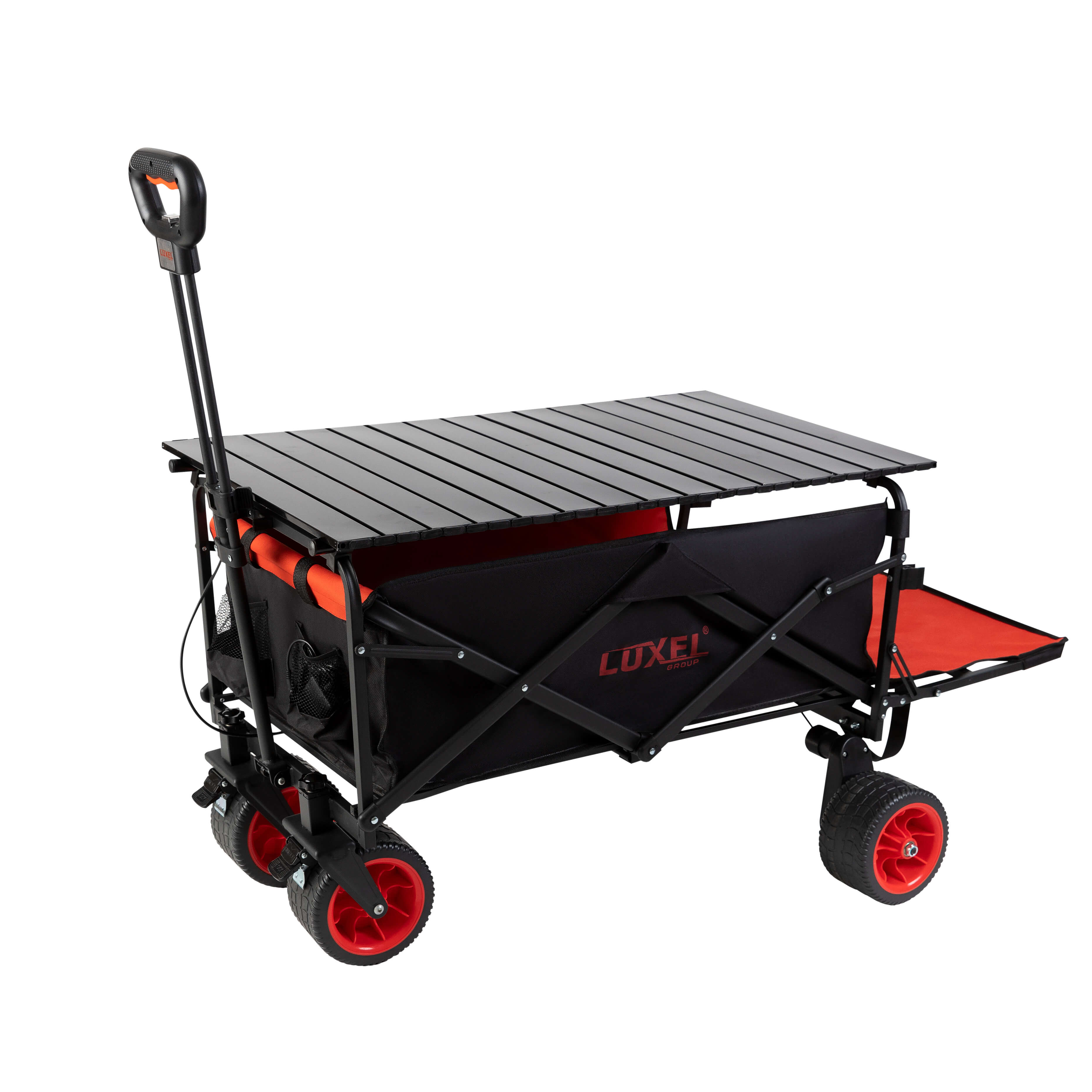 Black and red Luxel Group electric folding wagon with an attached black slatted tabletop for outdoor use.