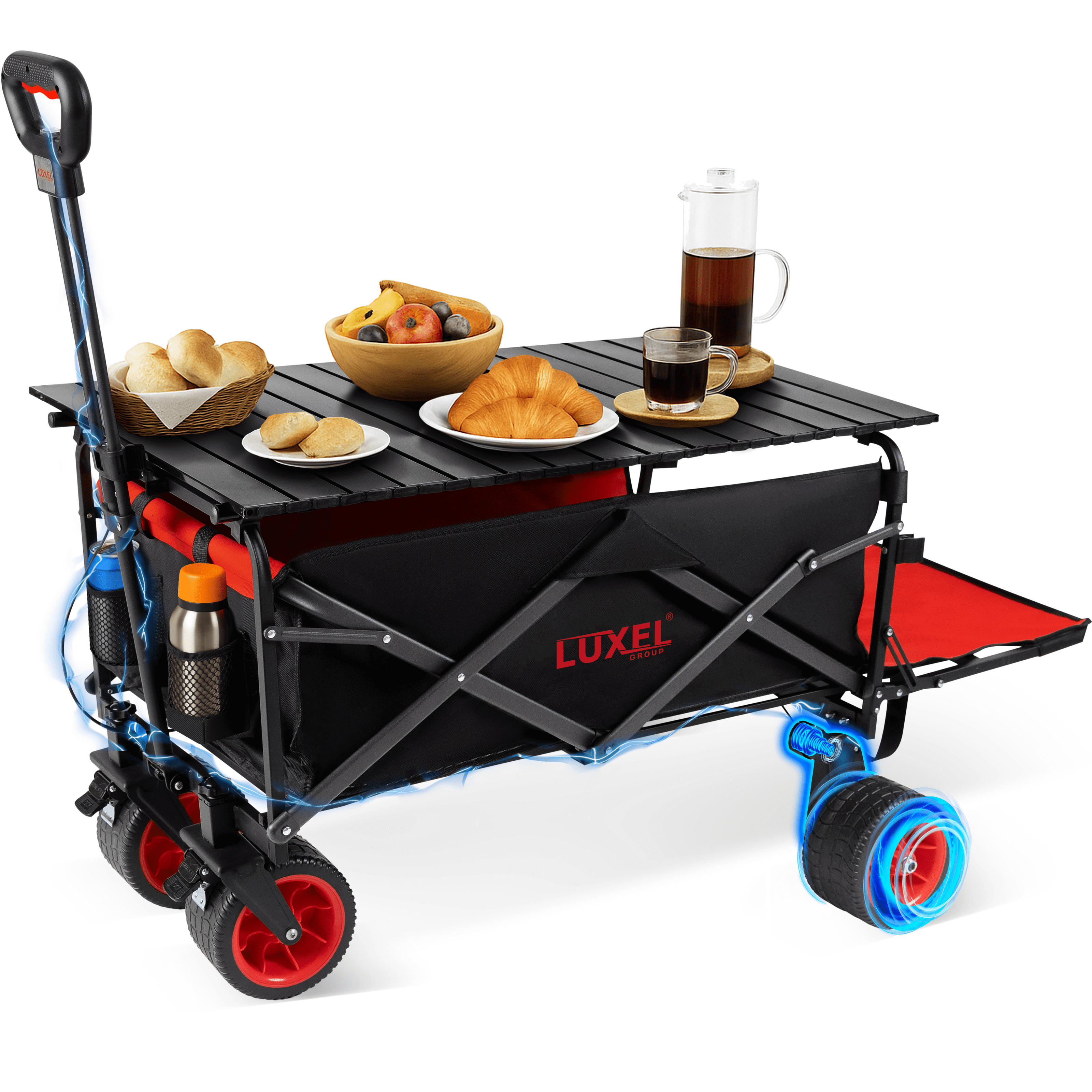 Luxel Group electric folding wagon with black slatted tabletop, set for breakfast with bread, croissants, fruits, and coffee, featuring red wheels and powered rear wheels.