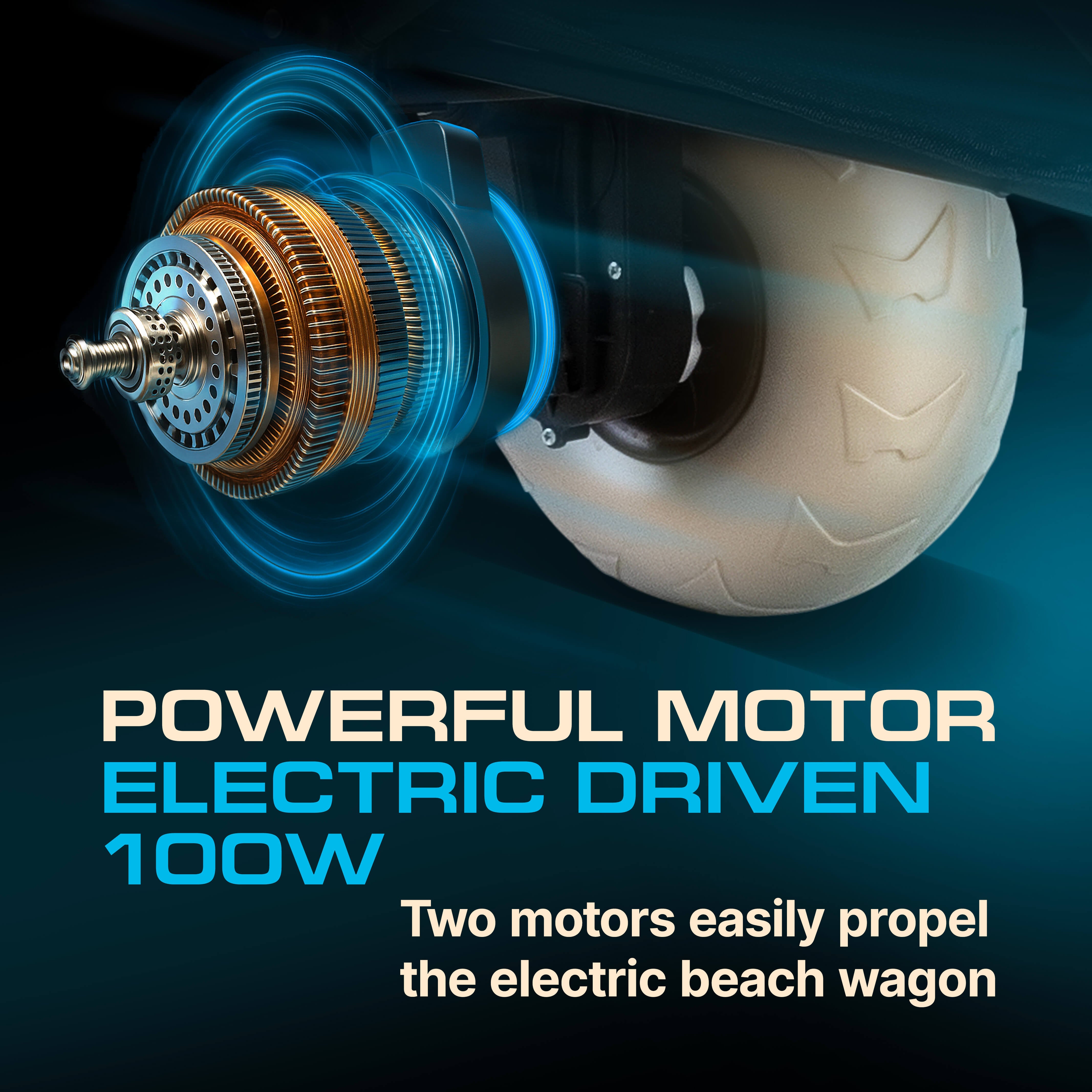 Close-up of 100W dual-motor system used in Luxel Group electric beach wagon for effortless propulsion on sand.
