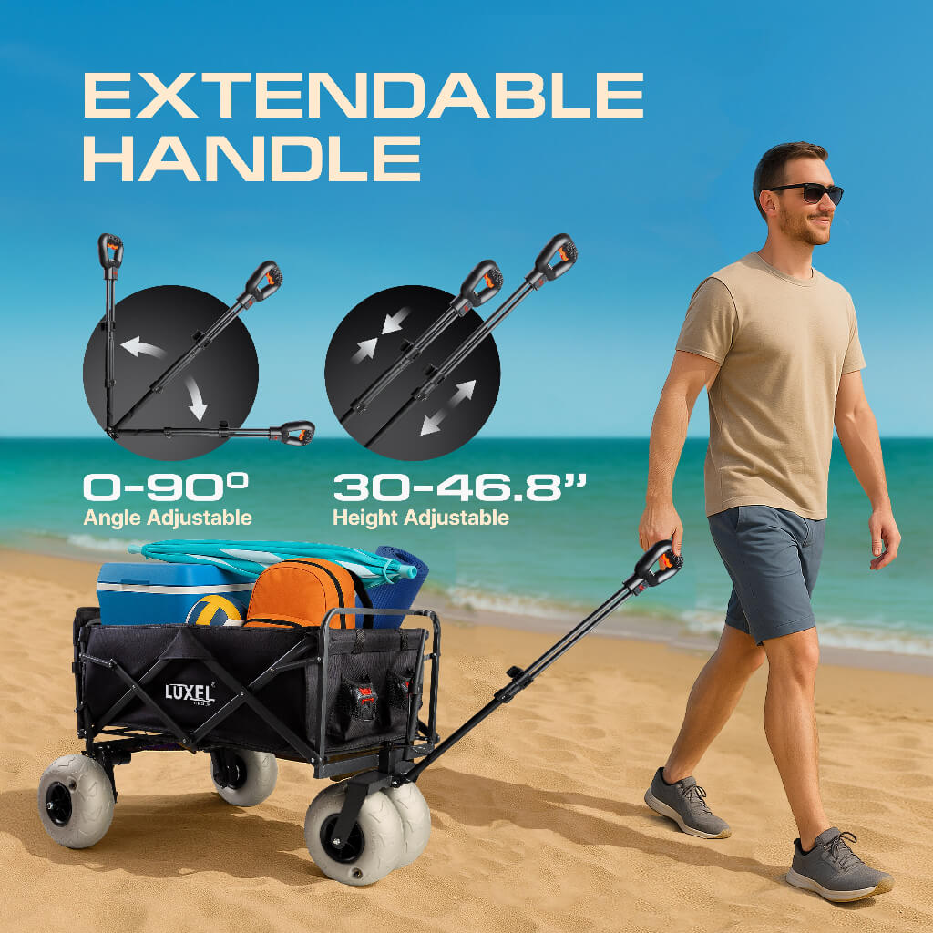 Man pulling Luxel Group electric beach wagon on sand, showing adjustable handle height and angle for comfortable use.