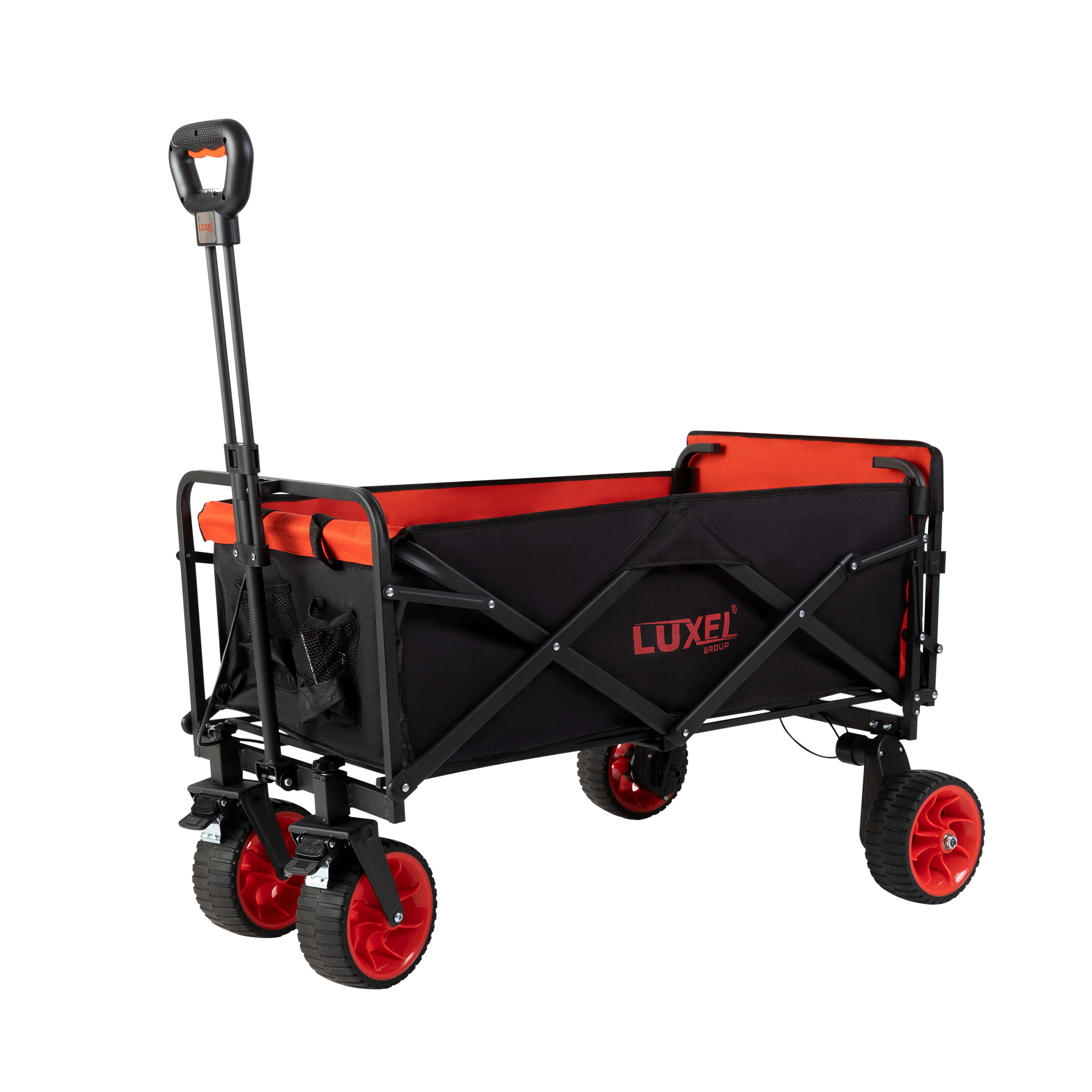 Luxel Group manual folding wagon with black and red frame, red wheels, and collapsible fabric body for versatile transport.