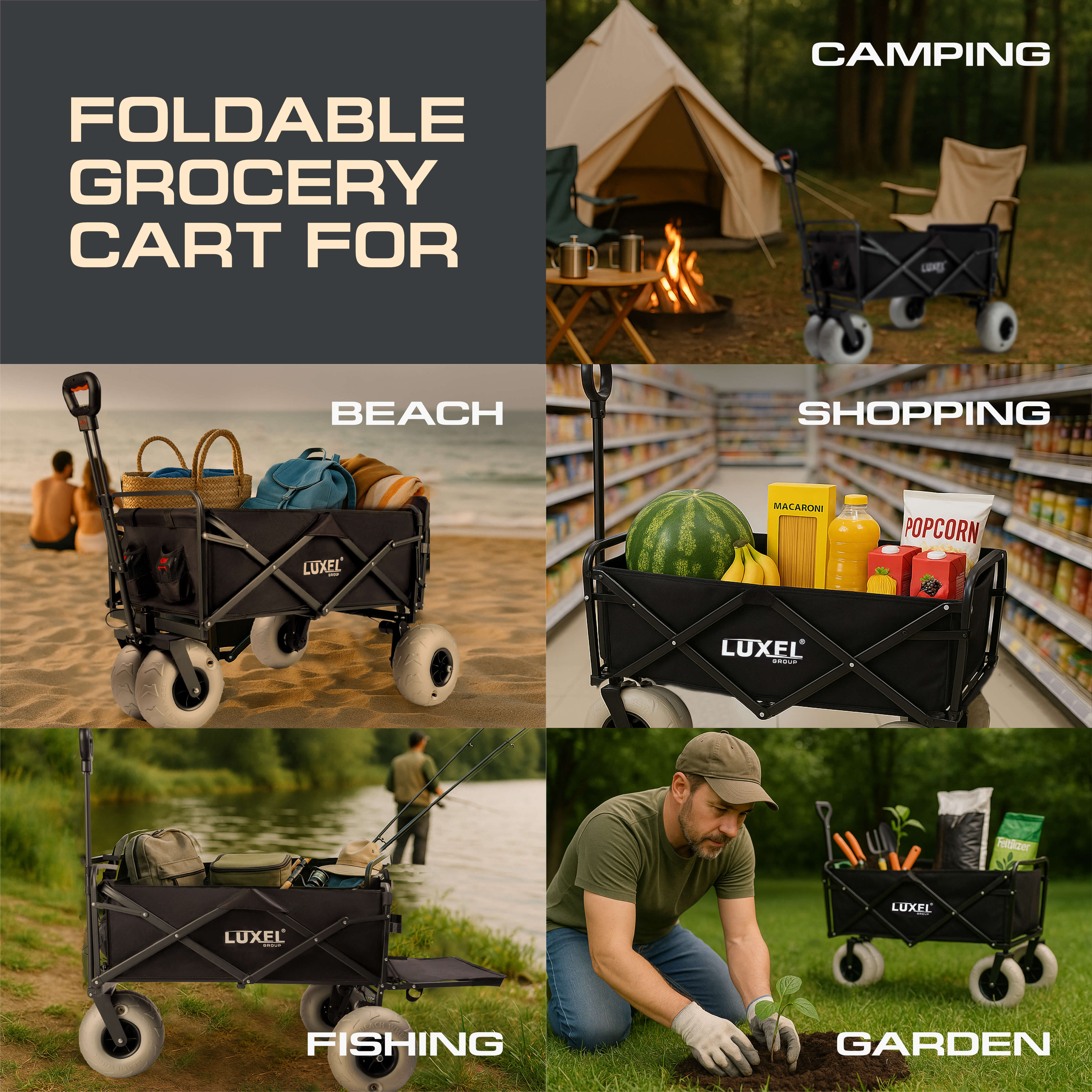 Collage of Luxel Group folding wagon used for camping, beach, shopping, fishing, and gardening.