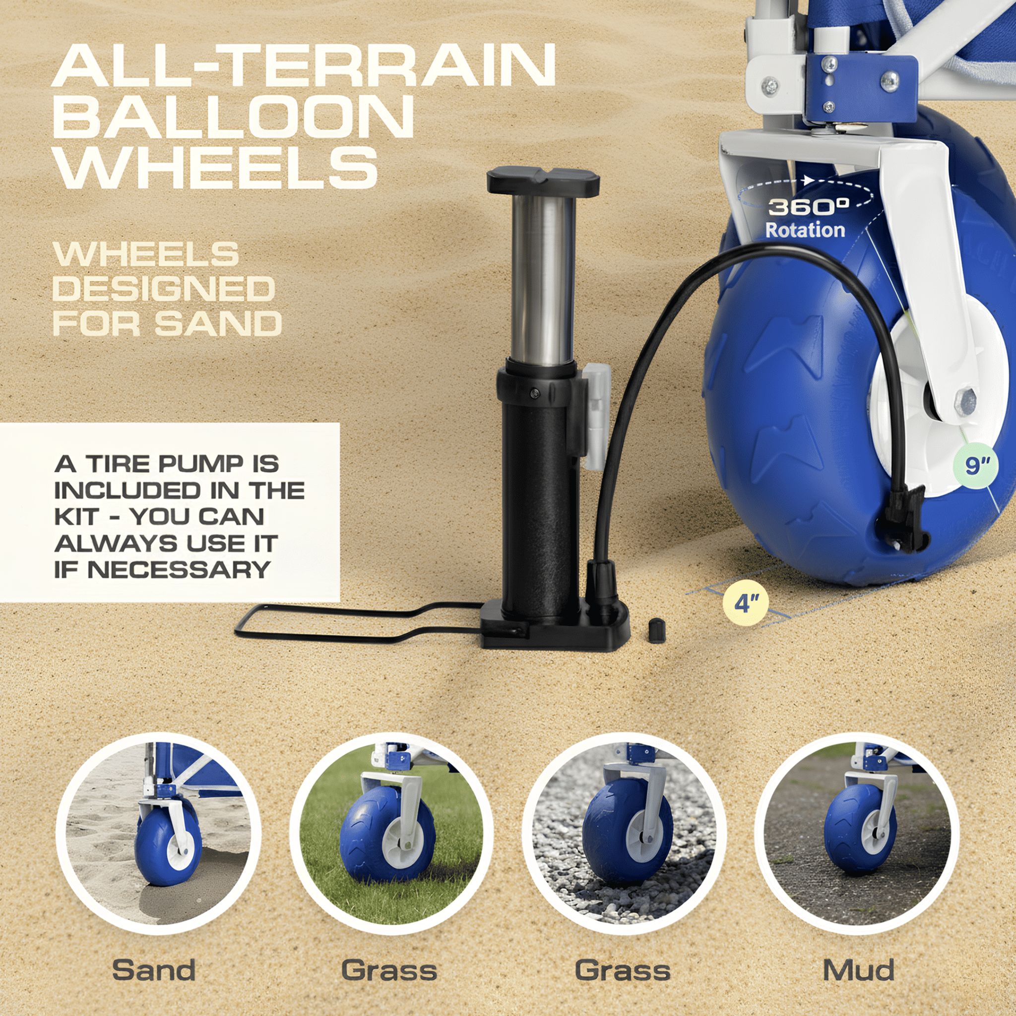 All-terrain balloon wheels with tire pump on a beige background