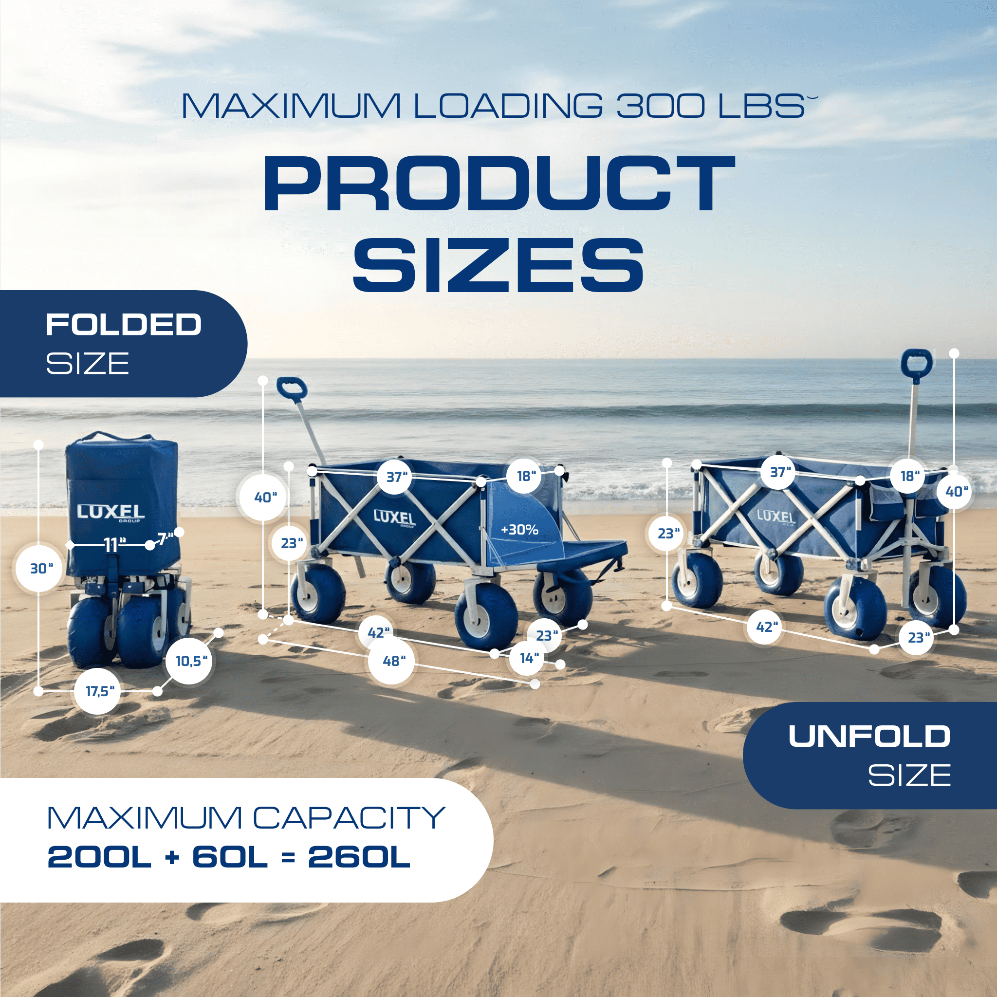 Blue folding cart on a sandy beach with product size comparison chart.