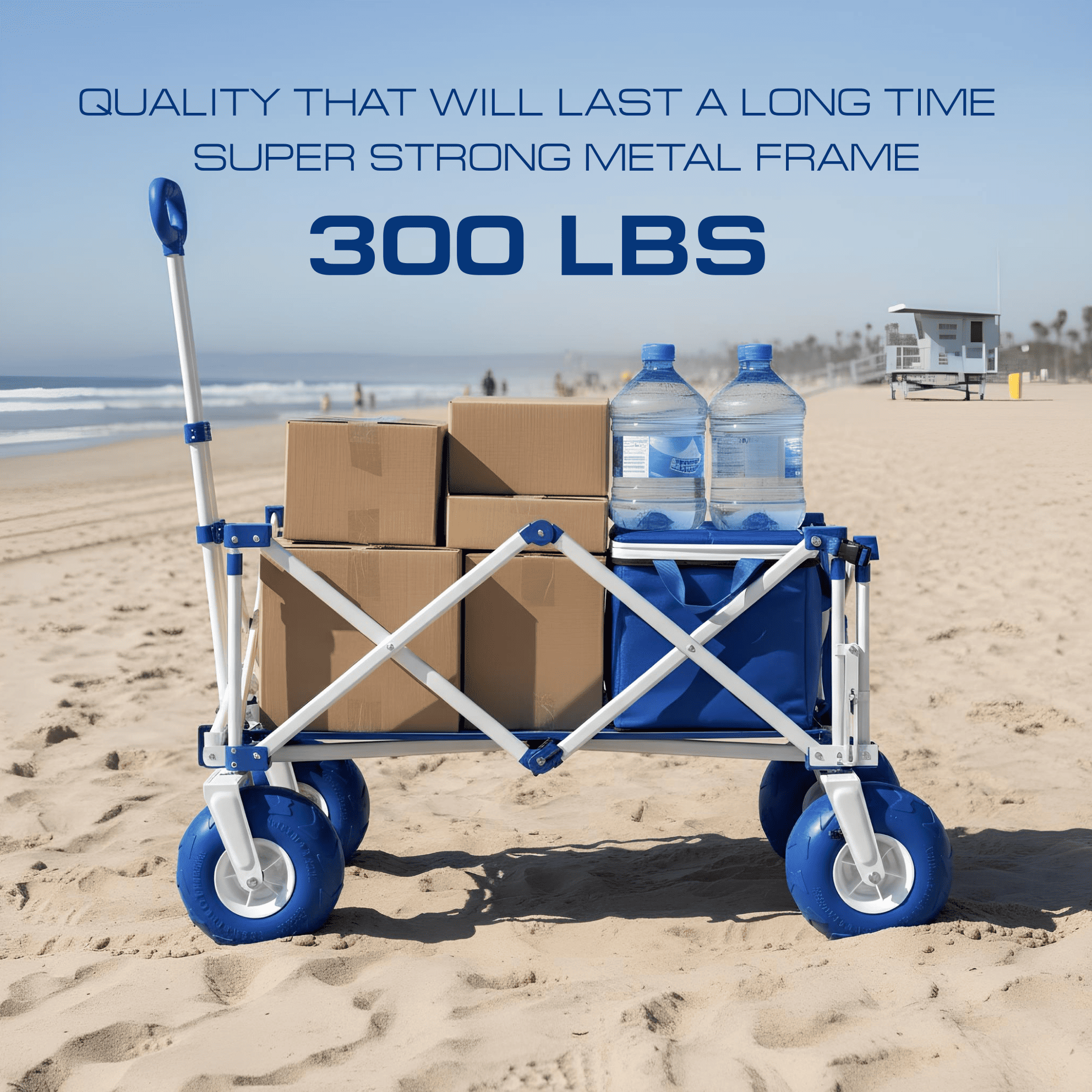 Cart with boxes and water bottles on a beach, with text about its strength.