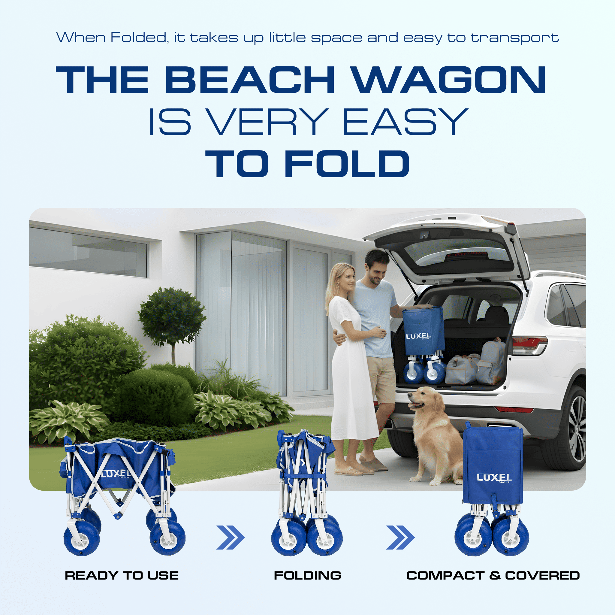 Luxel beach wagon with a couple and dog in front of a car, emphasizing ease of use and compactness.