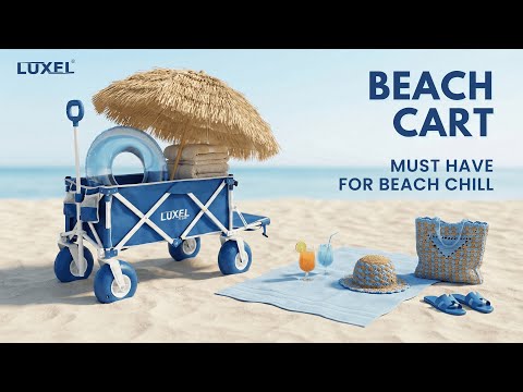 Blue car with an electric cart folded and ready to use, woman in pink swimsuit standing next to it on a beach.