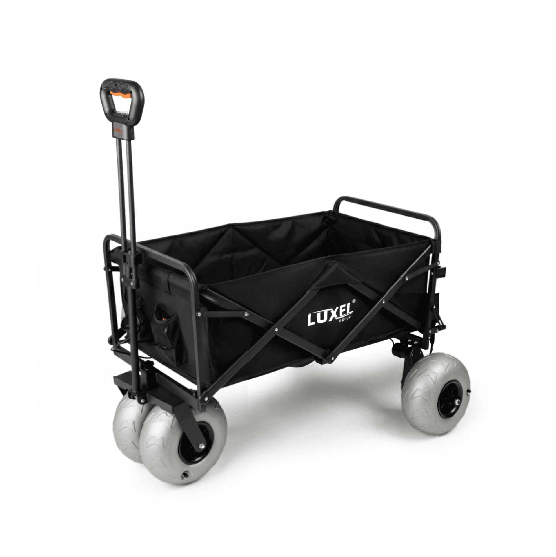 Black folding wagon with wheels on a white background, featuring the Luxel brand.