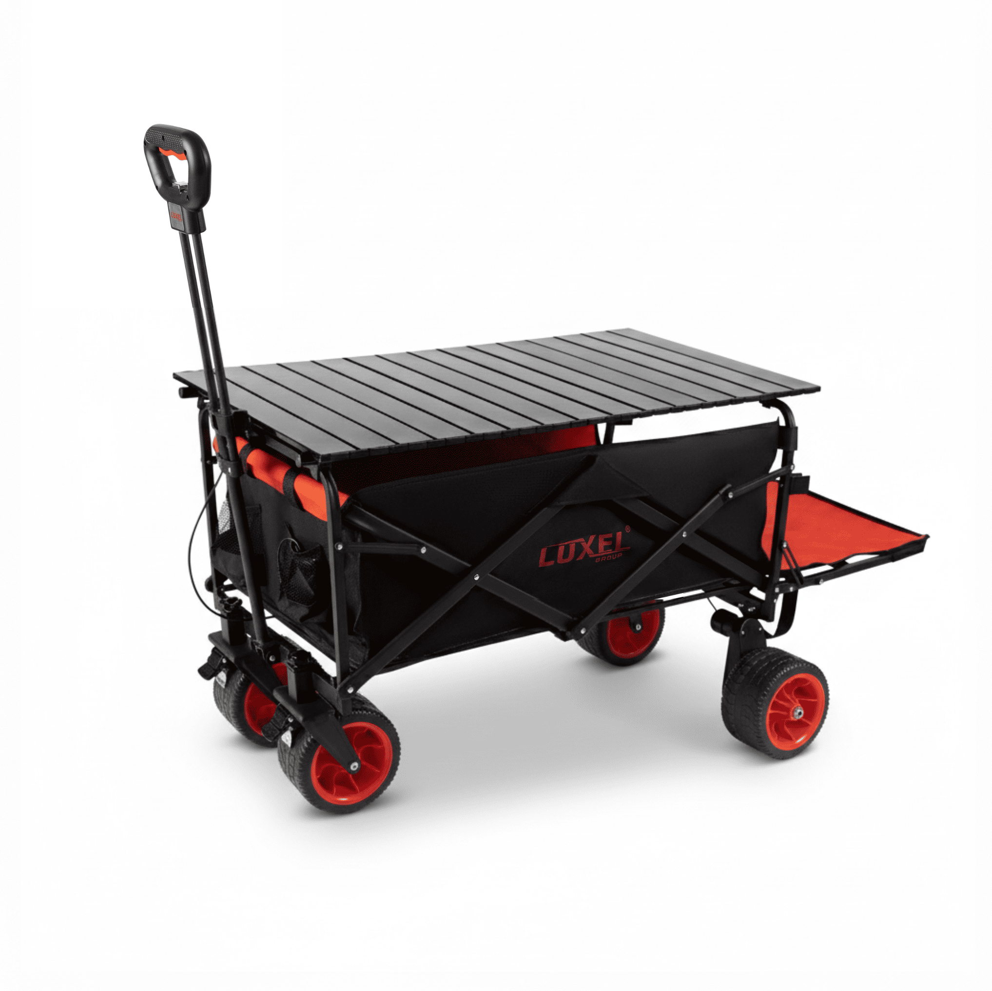 Black and red folding wagon with 'Luxe' branding on a white background