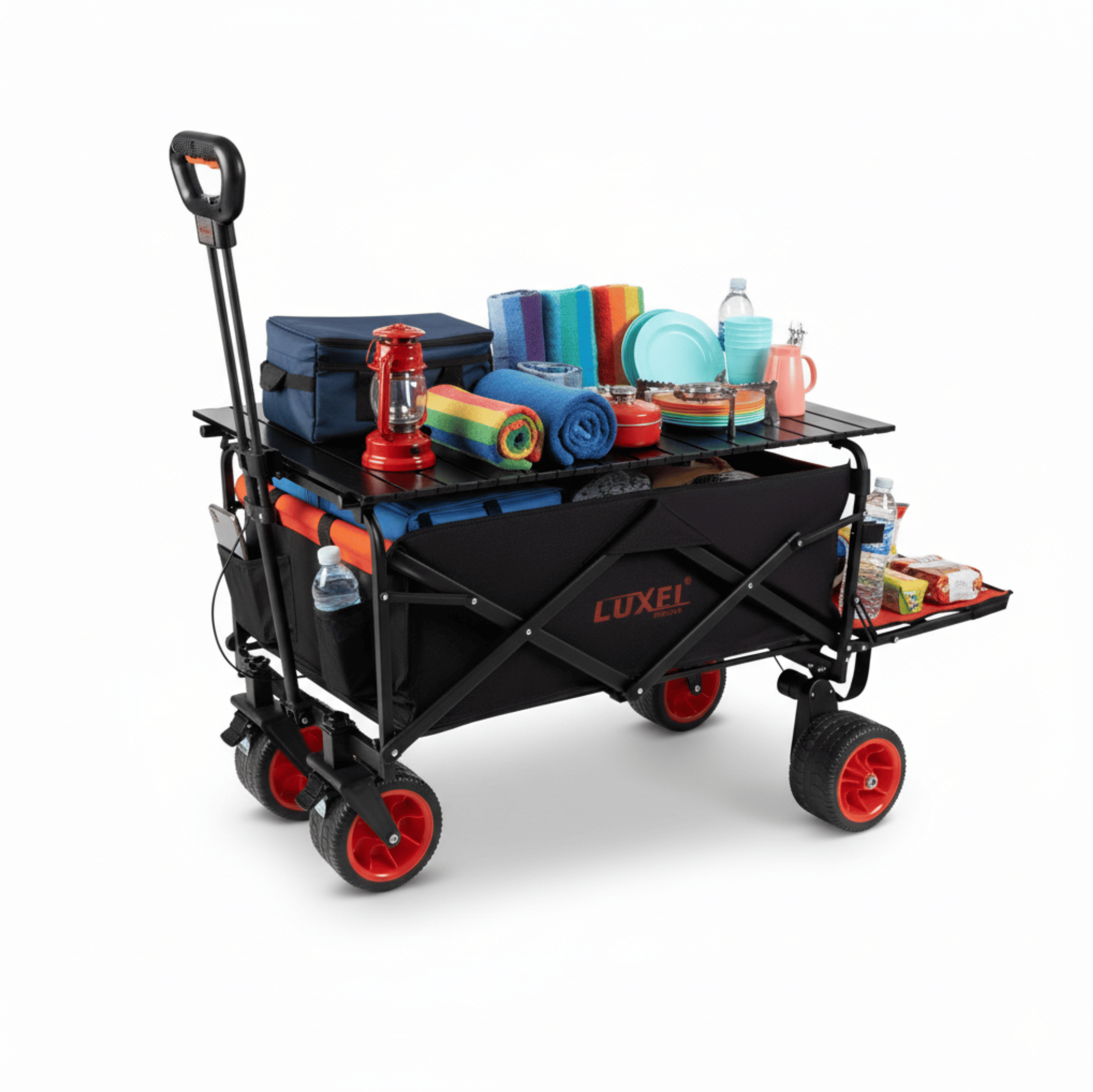 Black folding wagon with red wheels filled with camping supplies on a white background