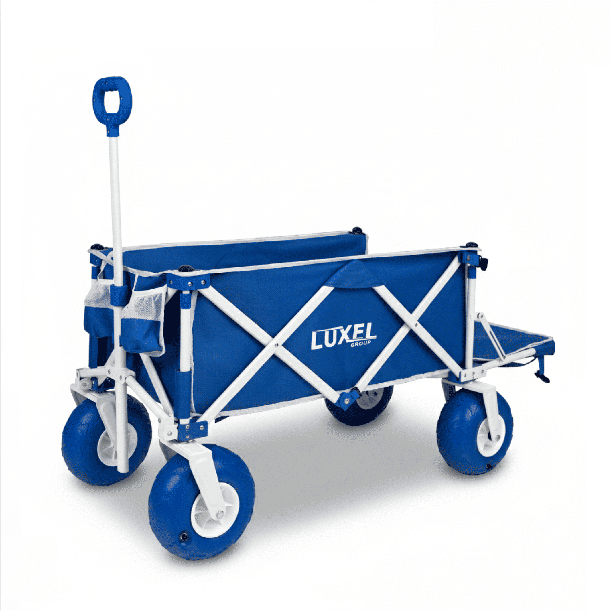 Blue and white folding cart with beach accessories on a white background