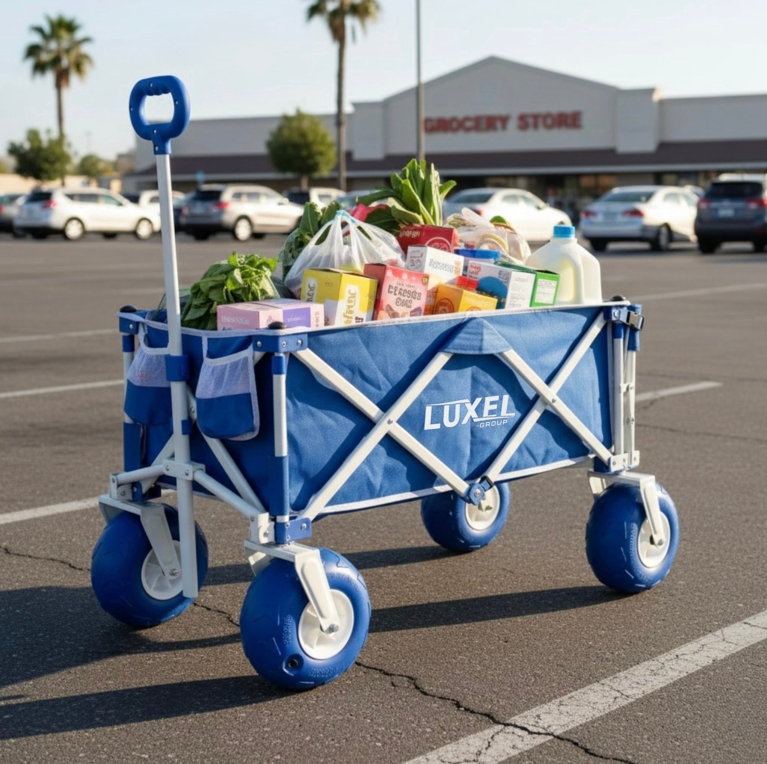 Blue Luxe folding cart filled with groceries in a parking lot.