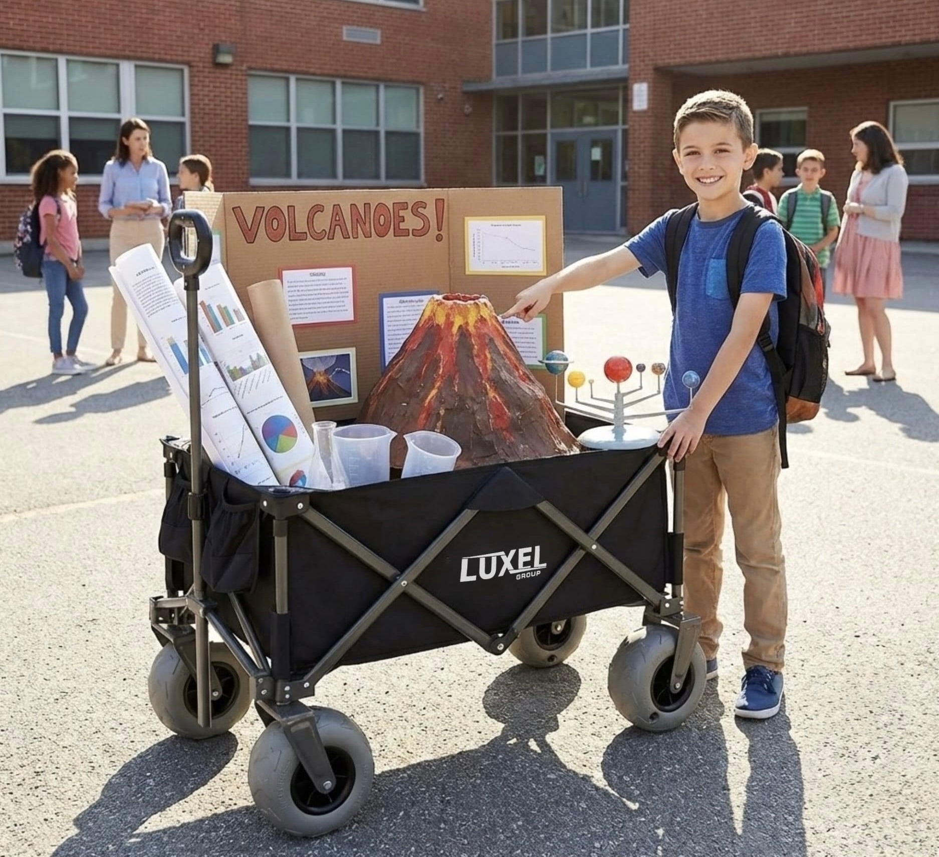 Child with a science project on volcanoes displayed in a Luxel wagon outside a school.