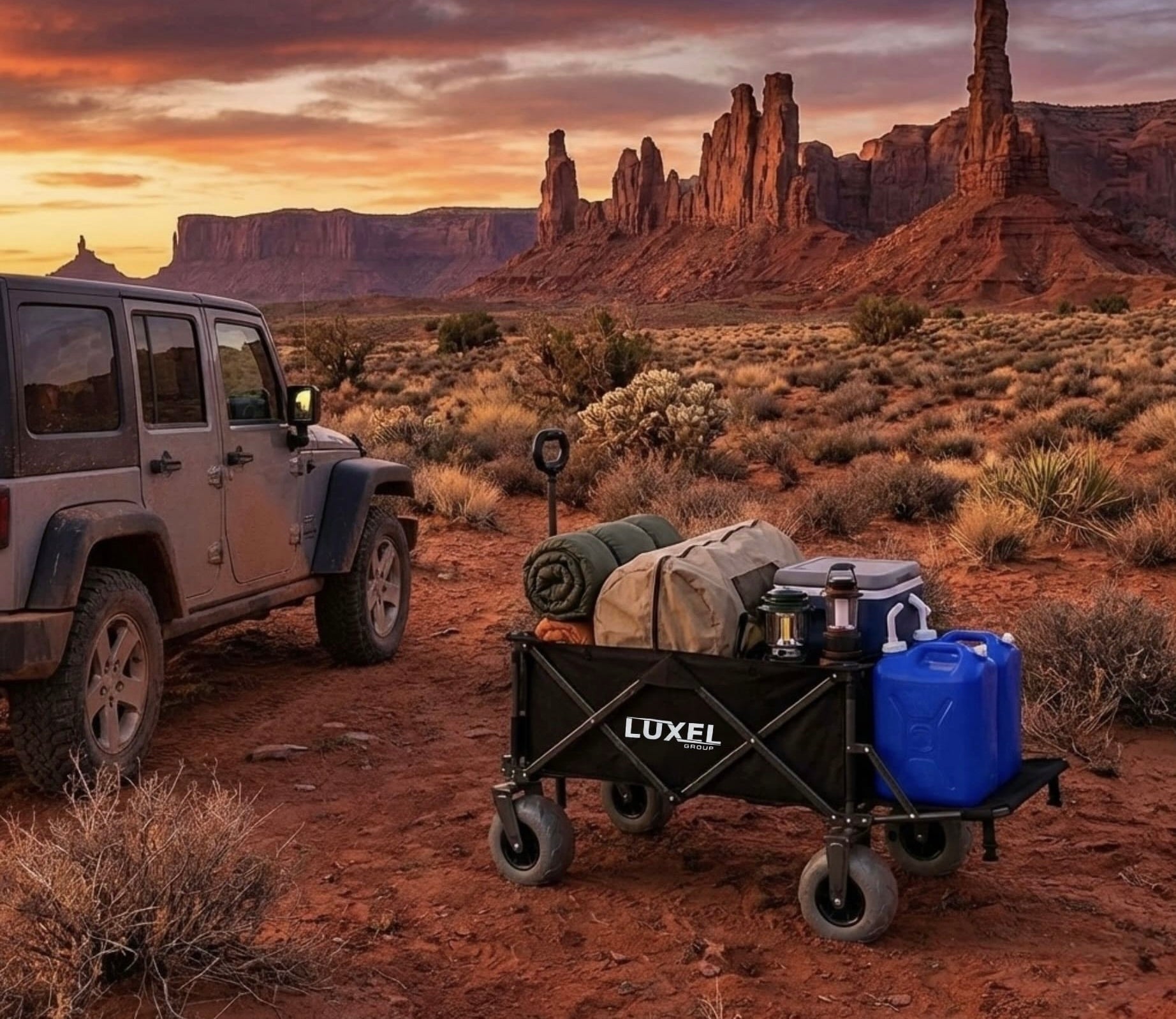 Luxel wagon with camping gear in a desert landscape