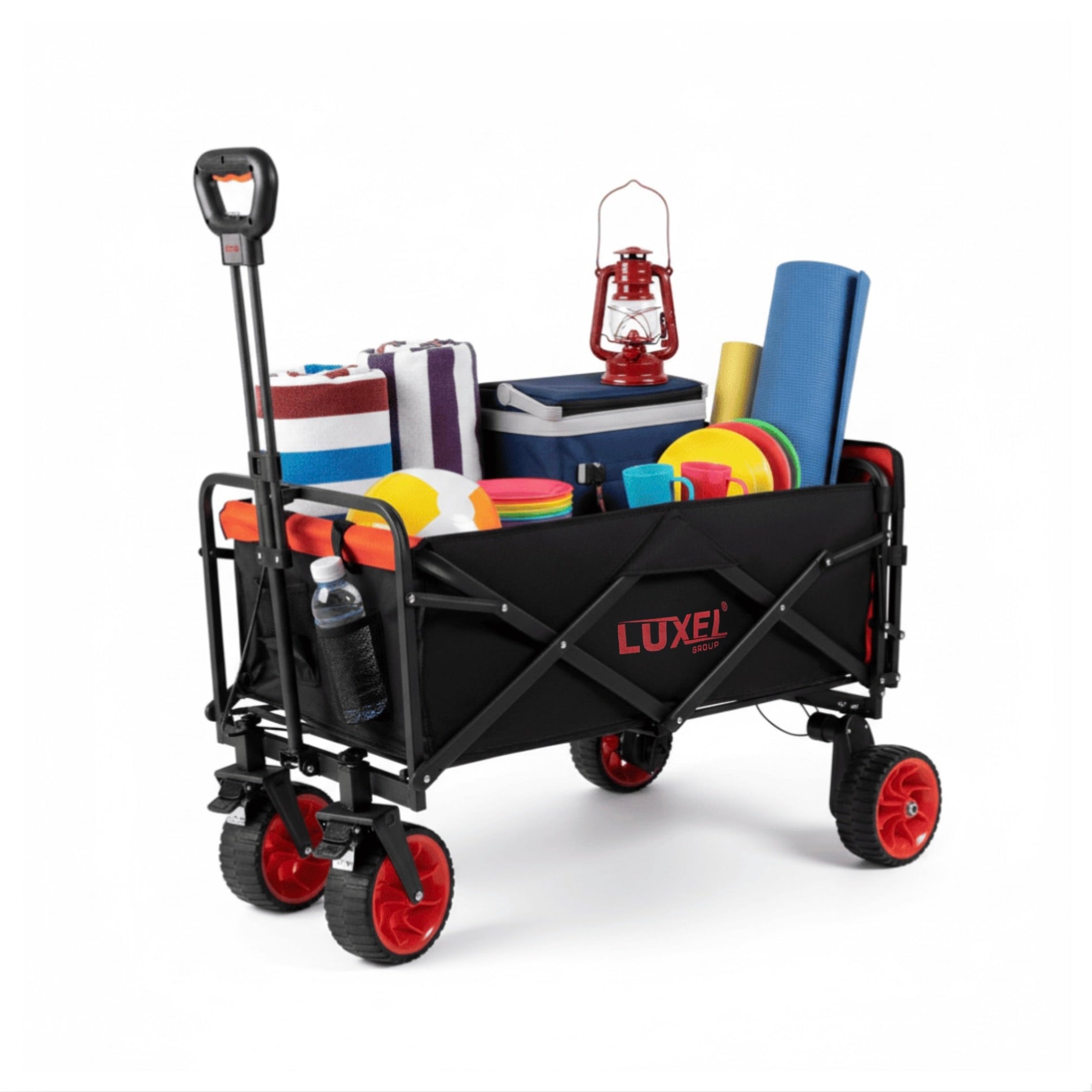 Black folding wagon with red wheels filled with camping supplies on a white background