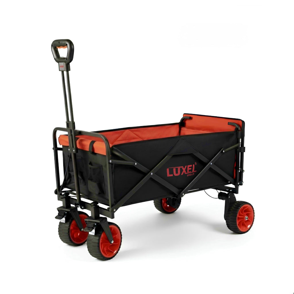 Black and orange folding wagon with 'Luxel' branding on a white background