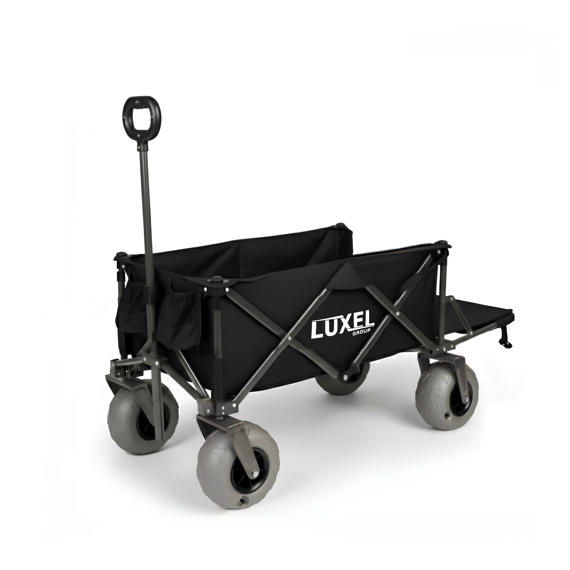 Black folding wagon with wheels on a white background, featuring the Luxel brand.