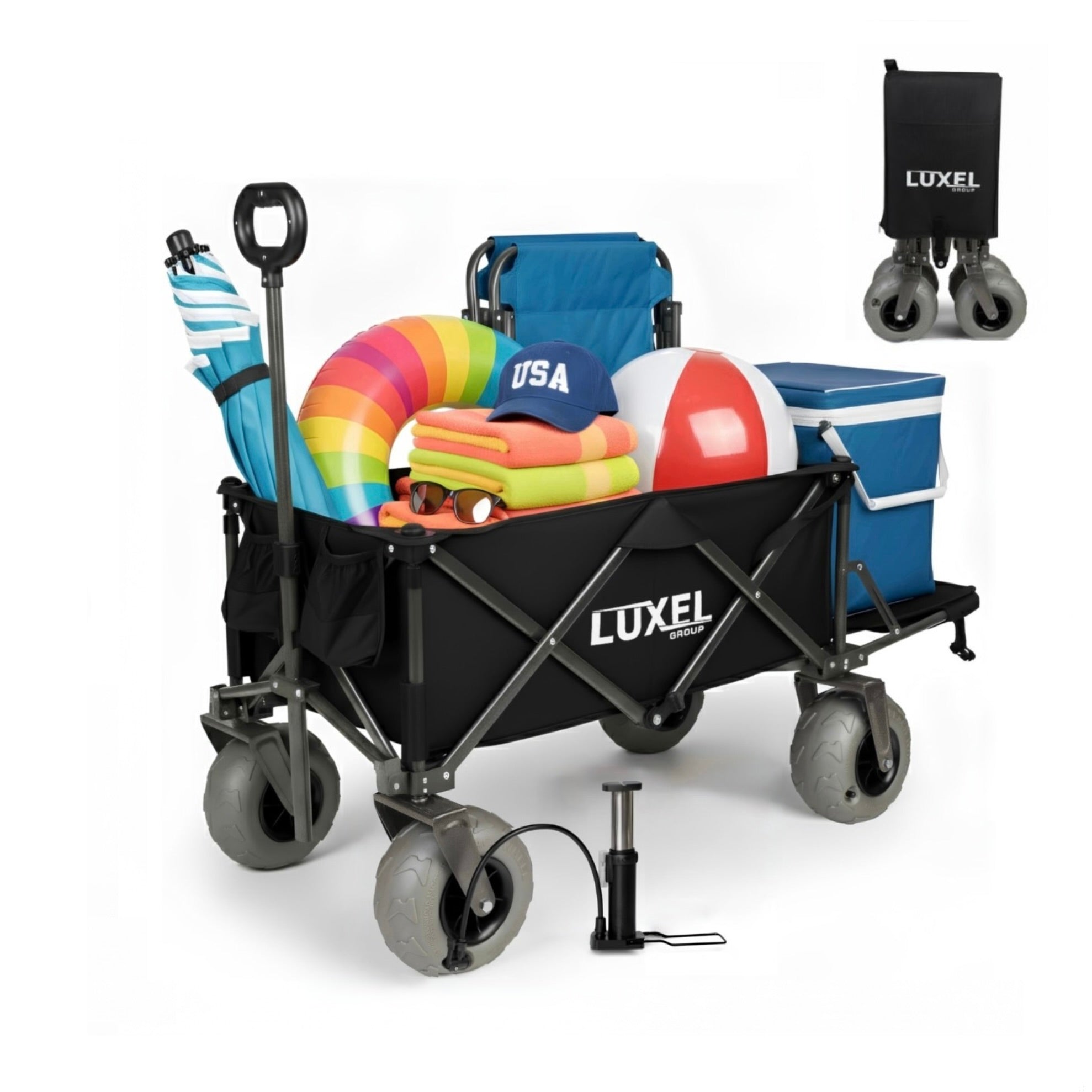 Luxel folding wagon with beach gear on a white background